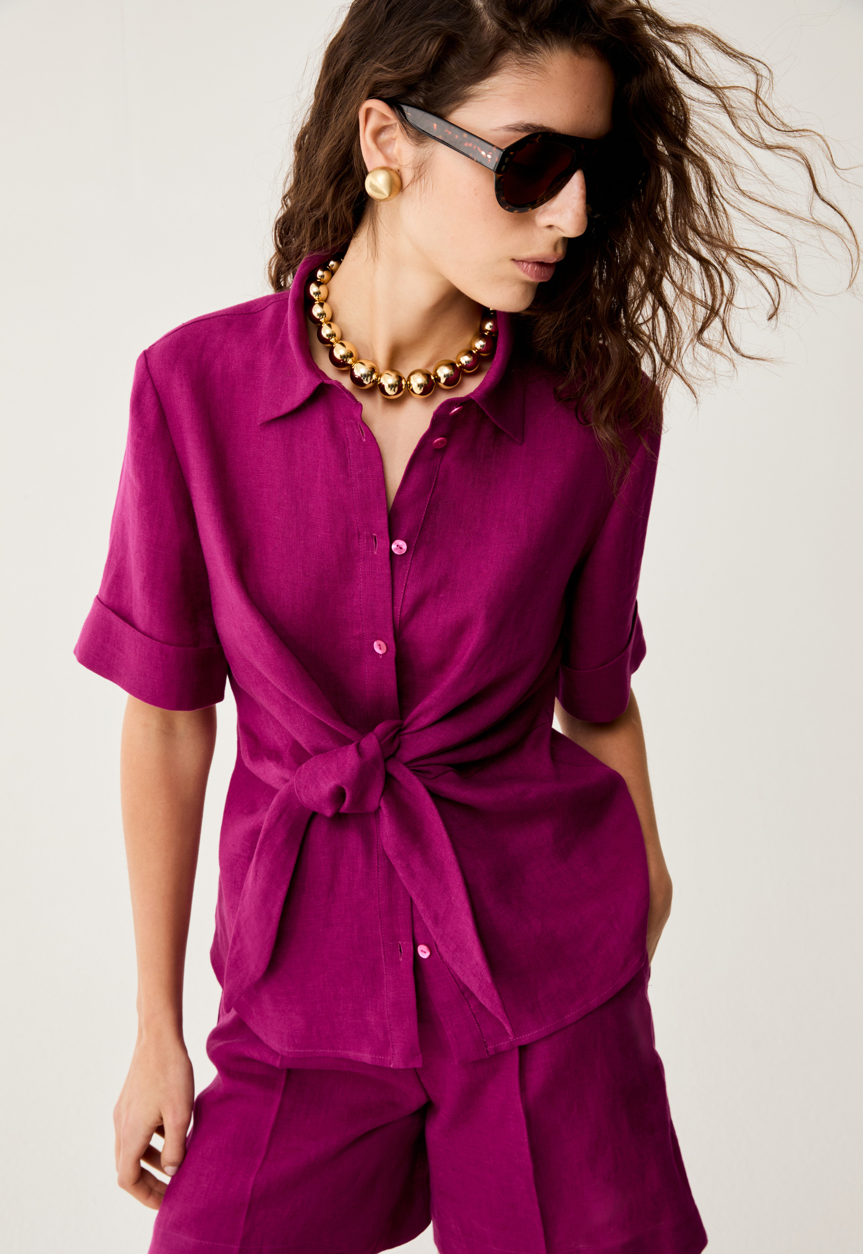 Pure linen tie-up shirt - MAGENTA - pennyblack