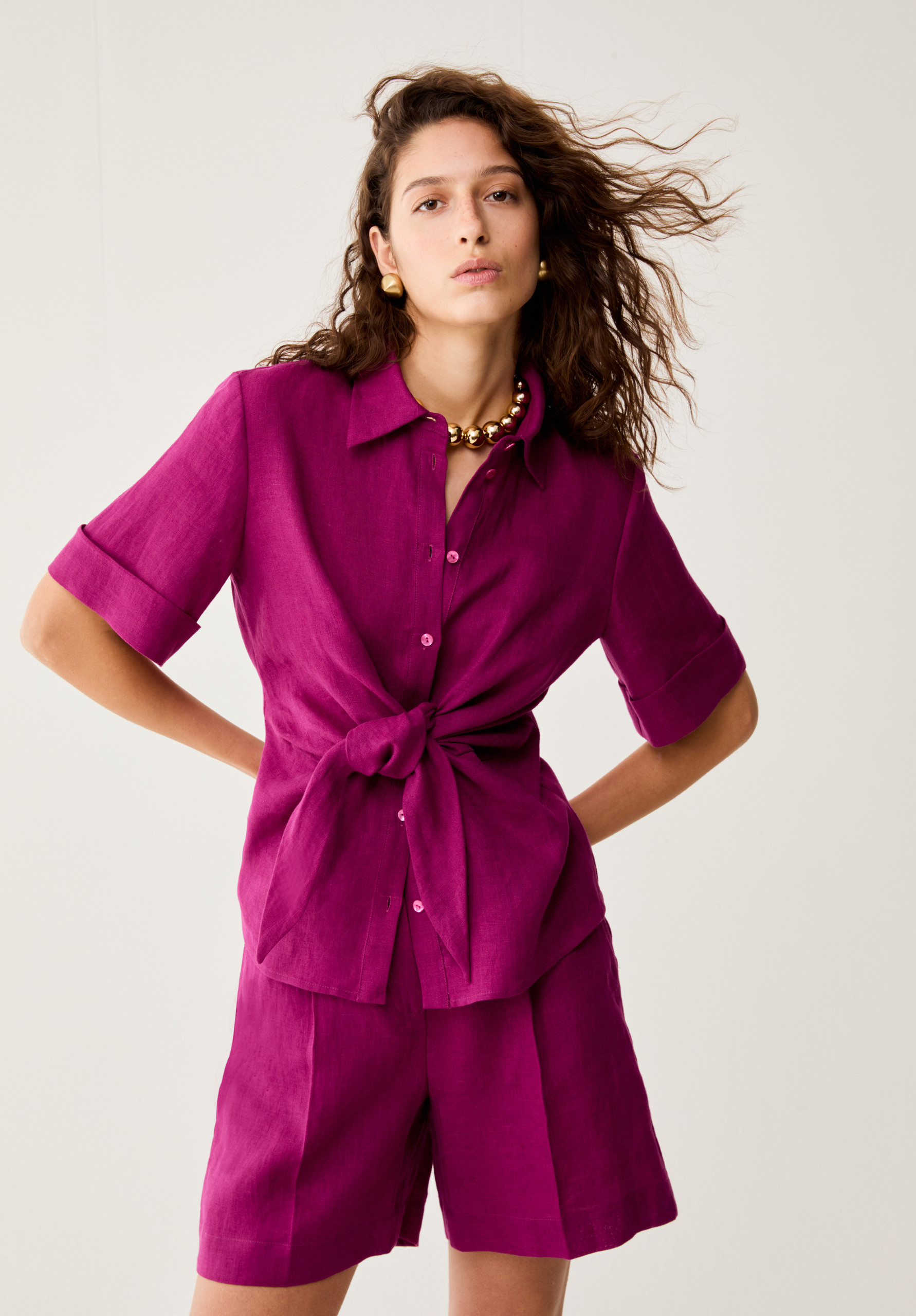 Pure linen tie-up shirt - MAGENTA - pennyblack