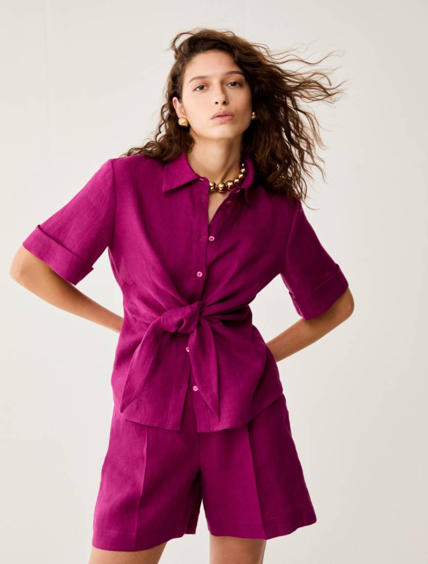 Pure linen tie-up shirt - MAGENTA - Pennyblack