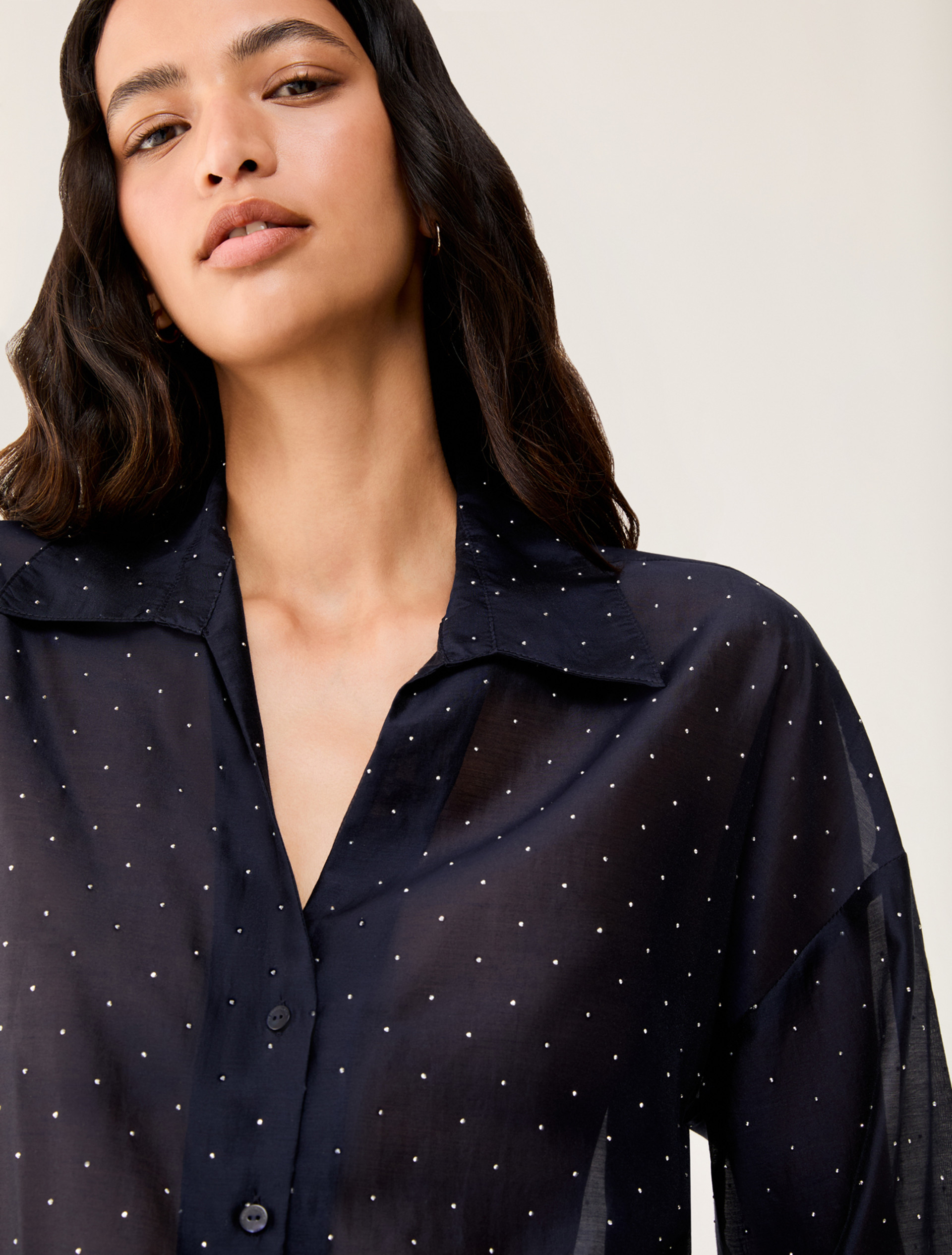 Voile shirt with rhinestones - NAVY - pennyblack