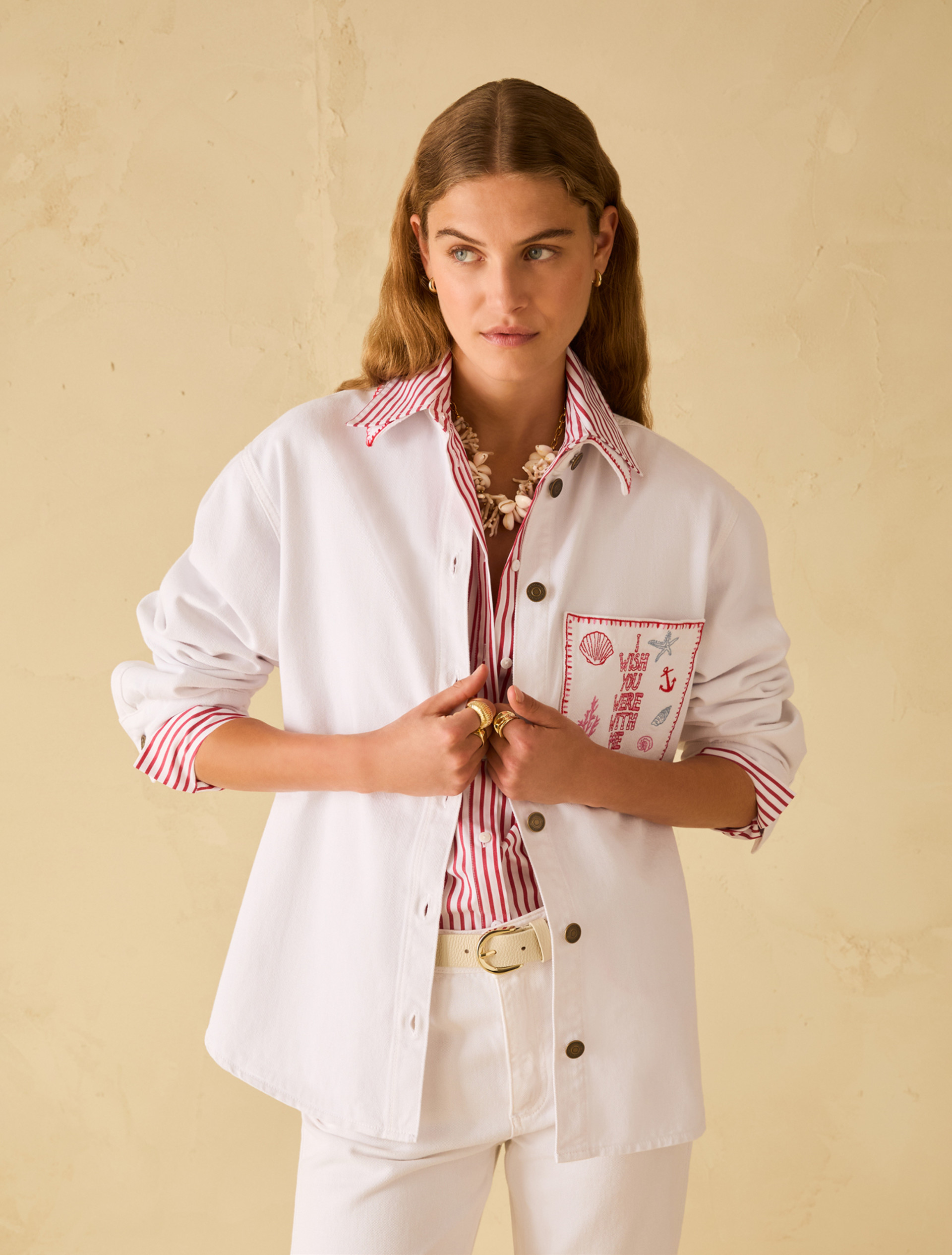 Denim shirt with embroidery - WHITE - pennyblack