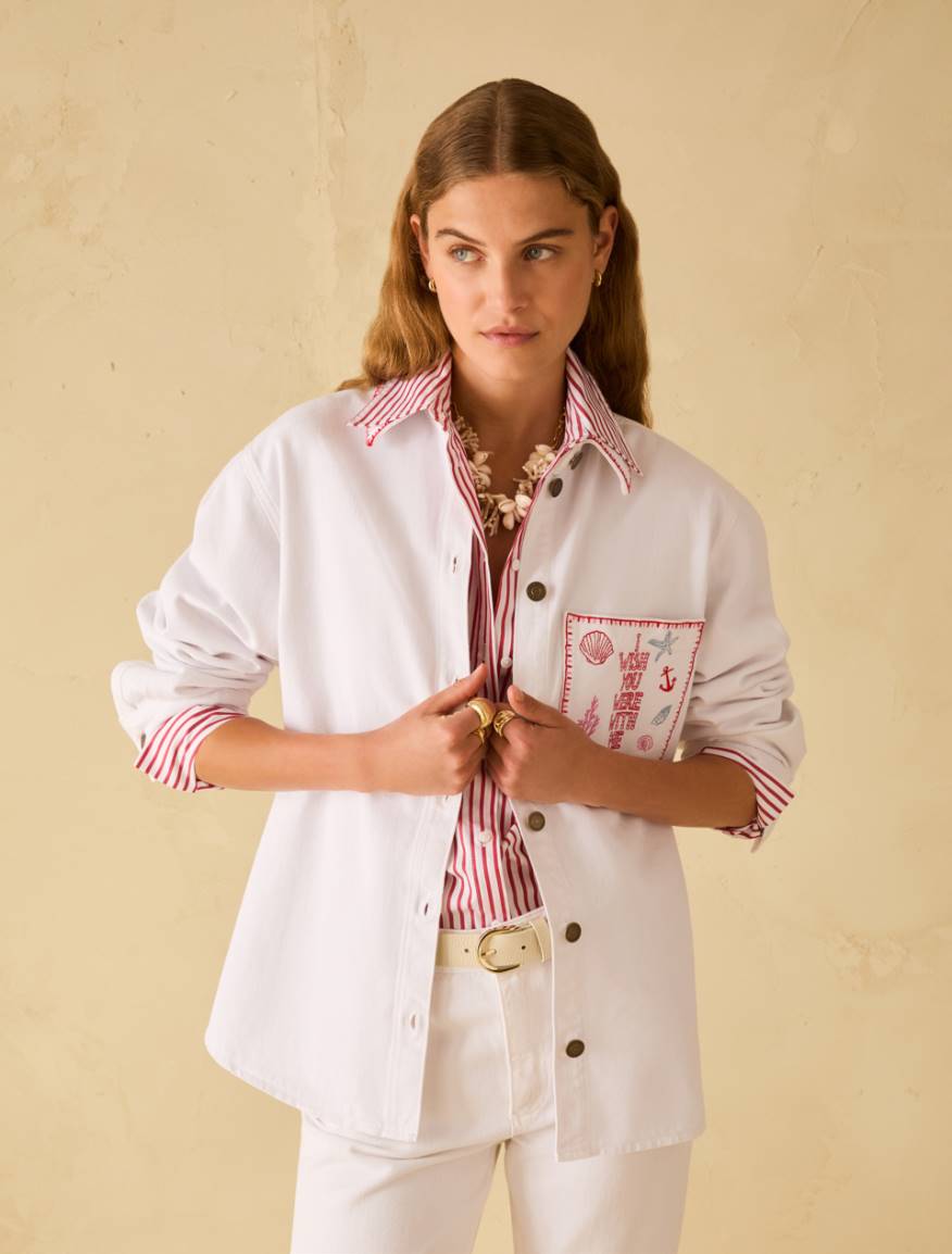 Denim shirt with embroidery - WHITE - Pennyblack