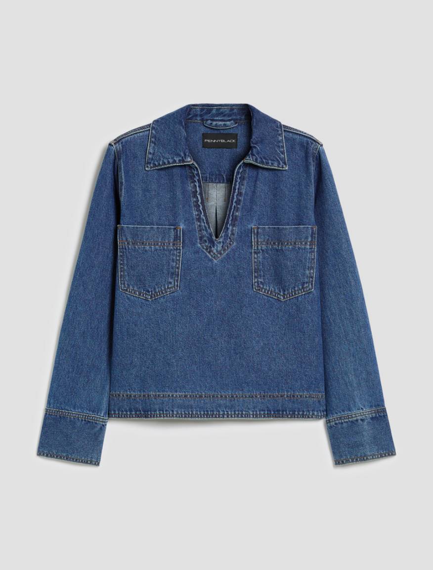 Boxy-cut denim blouse - NAVY - Pennyblack - 2