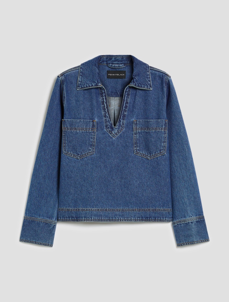 Boxy-cut denim blouse - NAVY - pennyblack