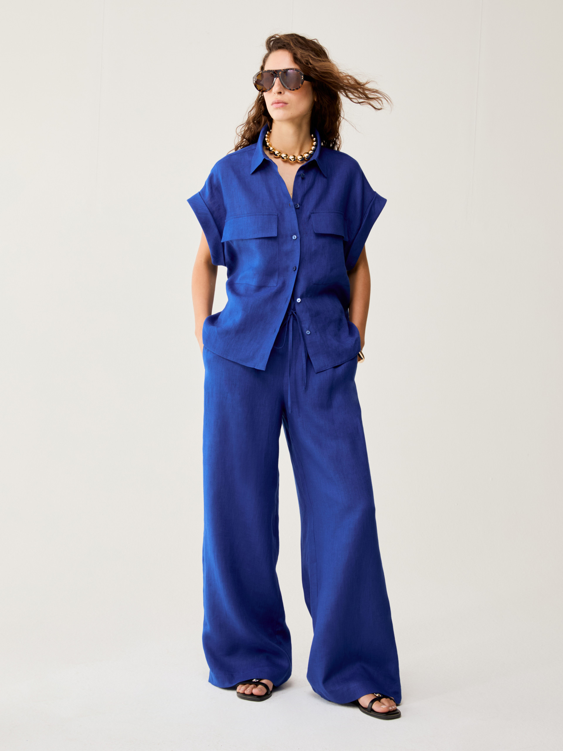 Wide-fit pure linen trousers - ELECTRIC BLUE - pennyblack