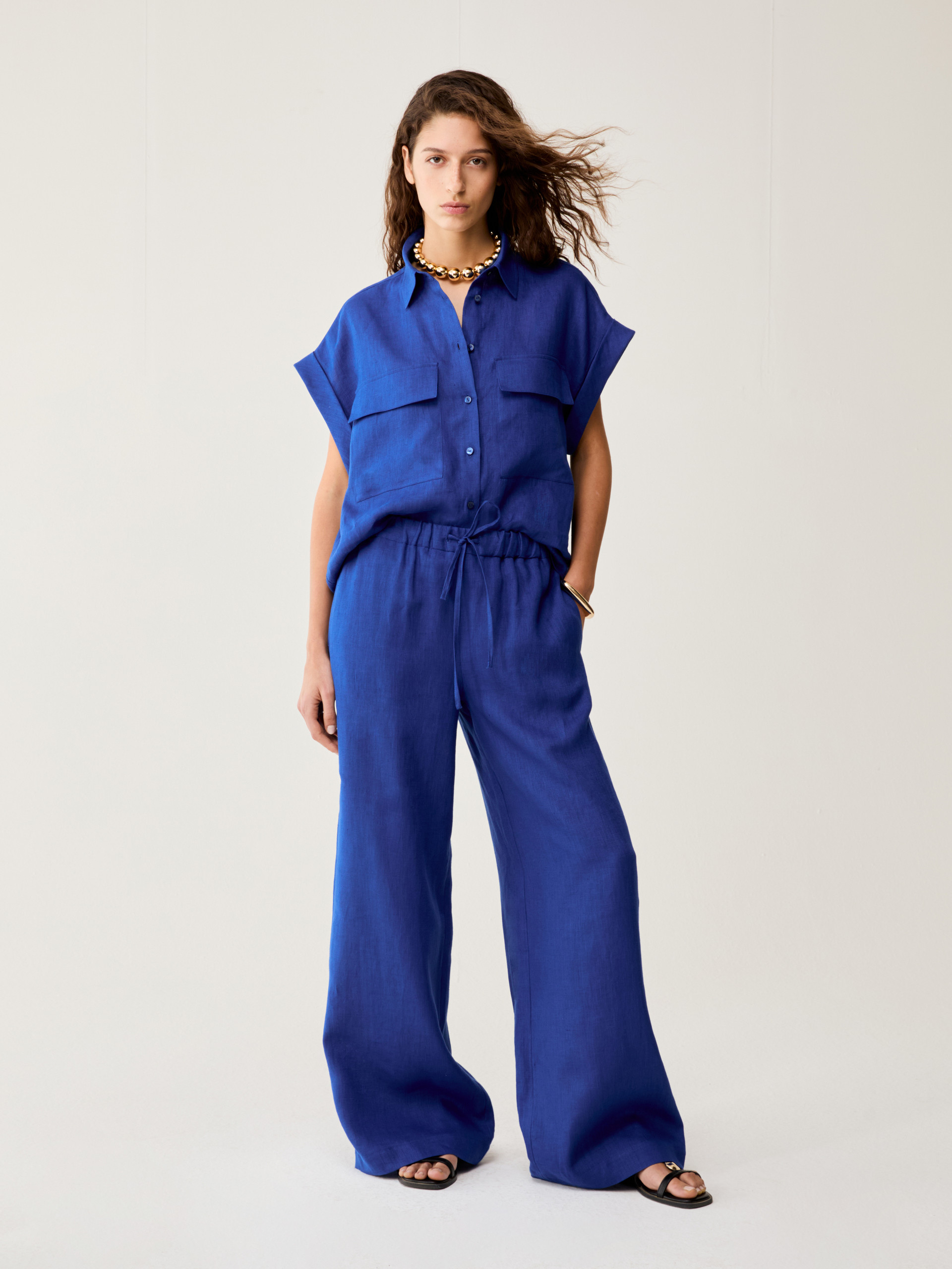 Wide-fit pure linen trousers - ELECTRIC BLUE - pennyblack