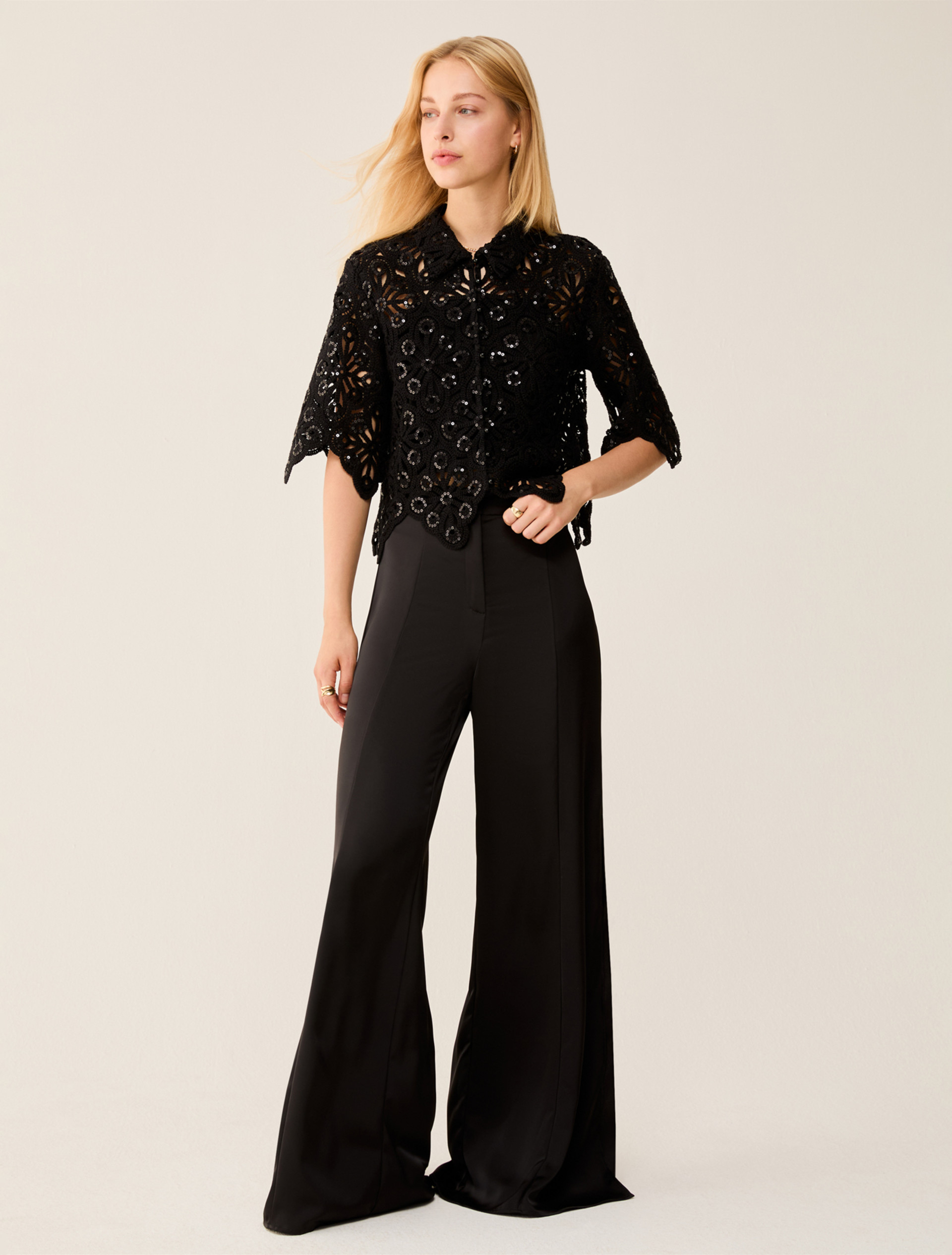 Double satin wide-leg trousers - BLACK - pennyblack