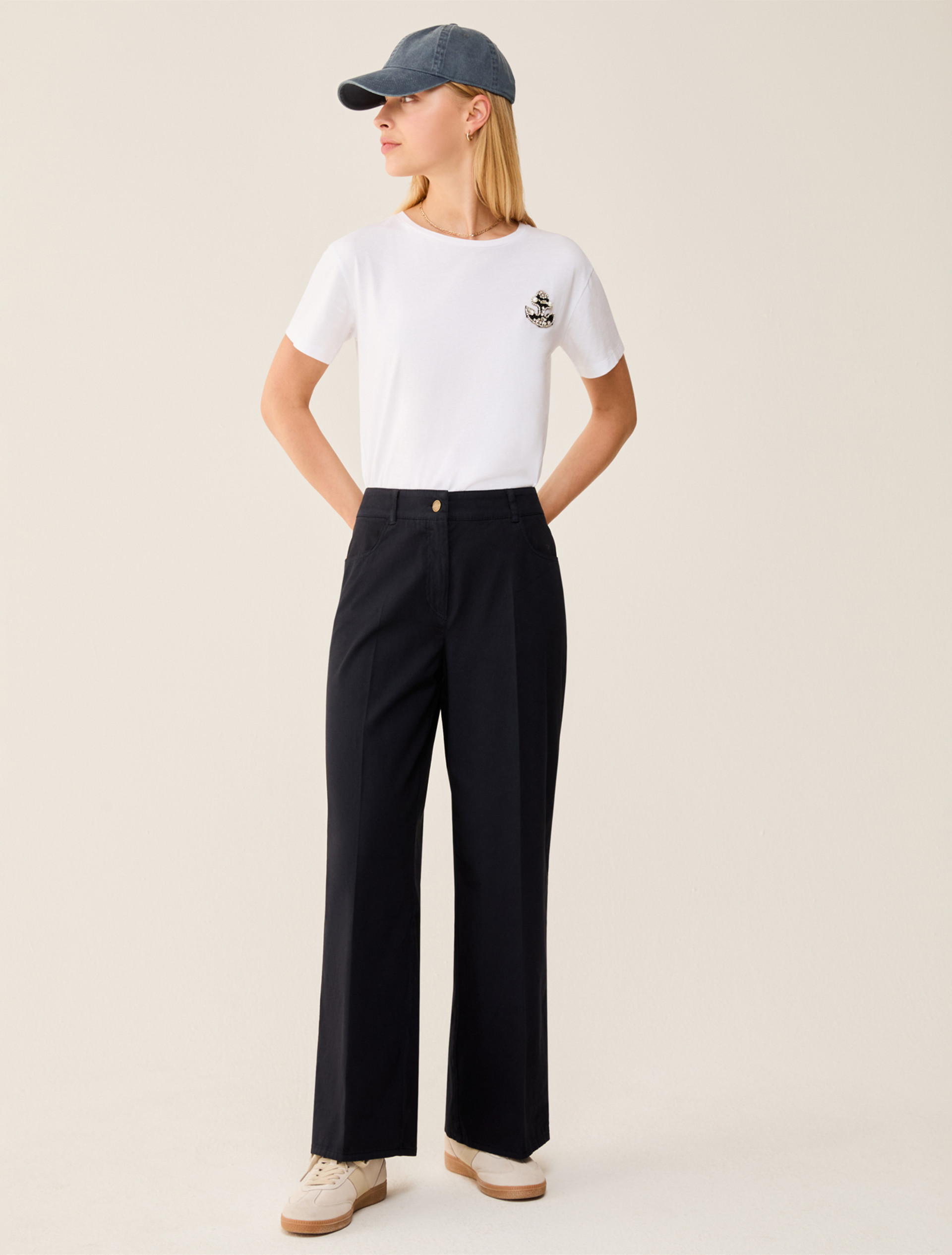 Wide-fit cotton piqué trousers - NAVY - pennyblack