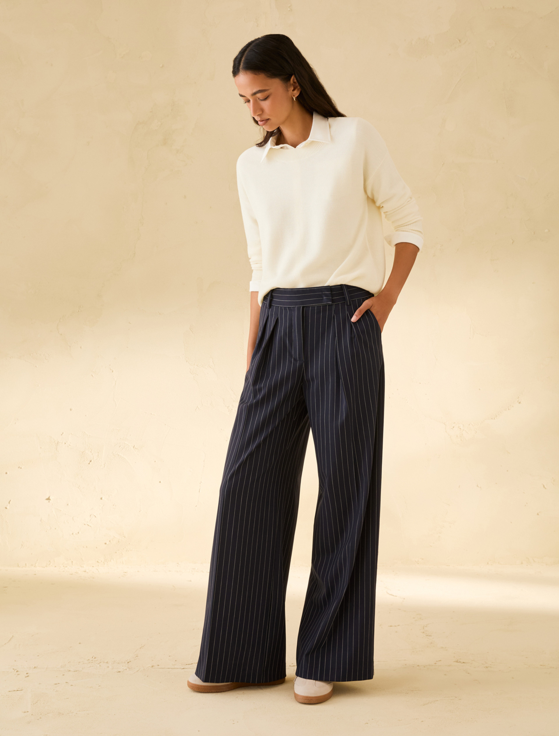 Wide-fit pinstripe trousers - NAVY - pennyblack