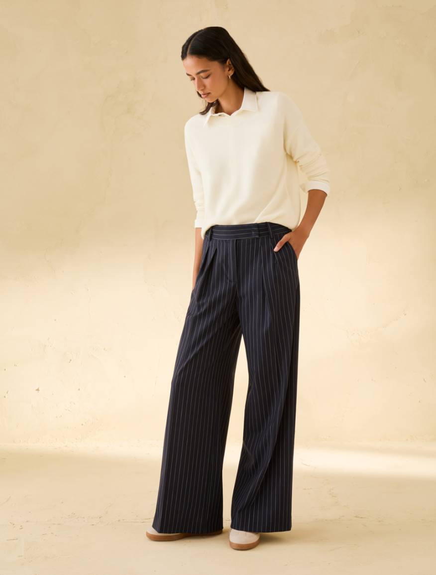 Wide-fit pinstripe trousers - NAVY - Pennyblack
