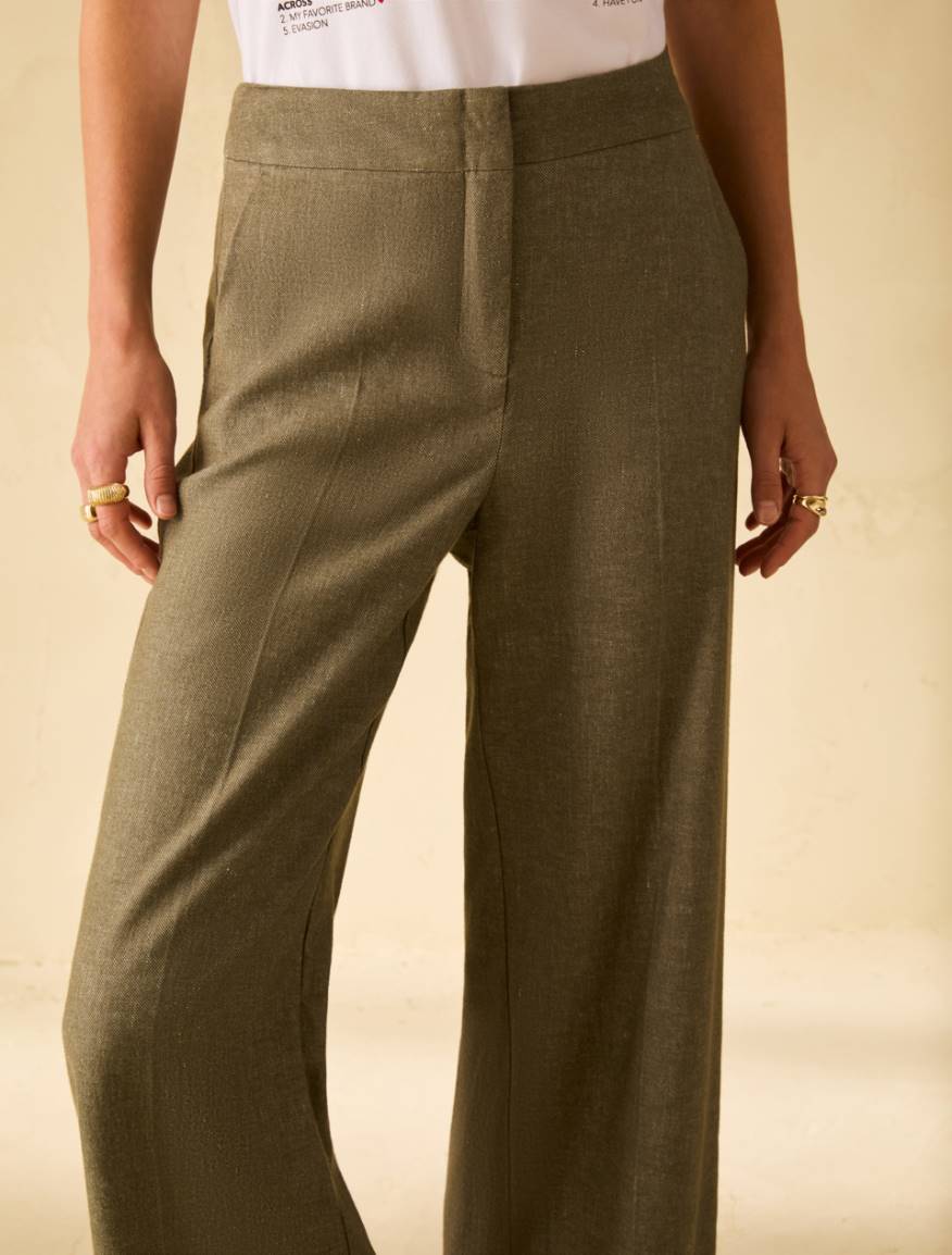 Cotton and linen wide-leg trousers - KAKI - Pennyblack - 4
