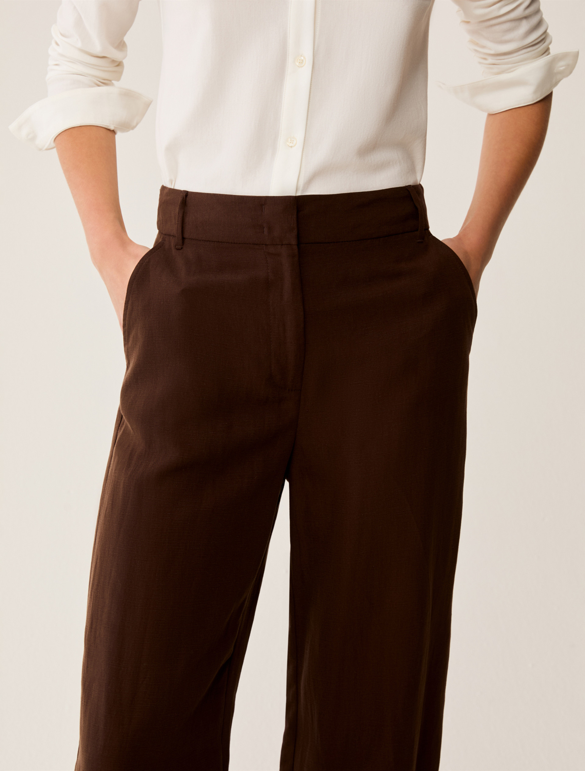 Wide, linen-blend trousers - CHOCOLATE - pennyblack
