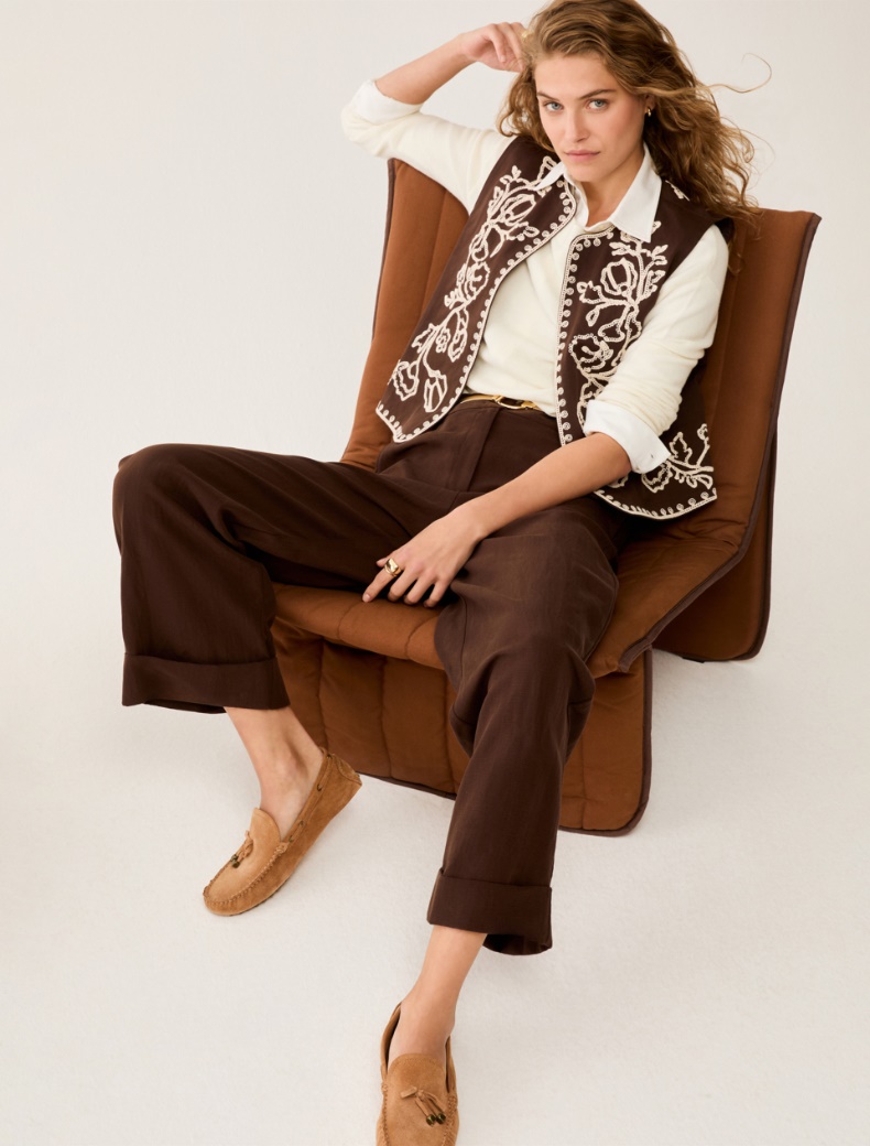 Wide, linen-blend trousers - CHOCOLATE - pennyblack