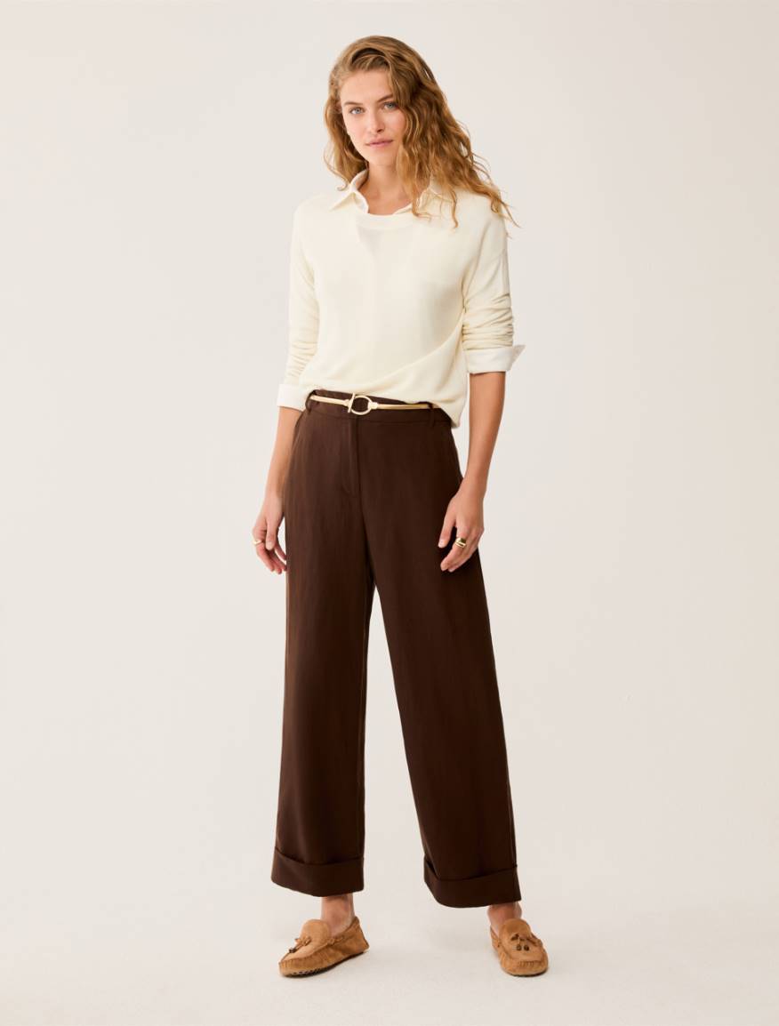 Wide, linen-blend trousers - CHOCOLATE - Pennyblack
