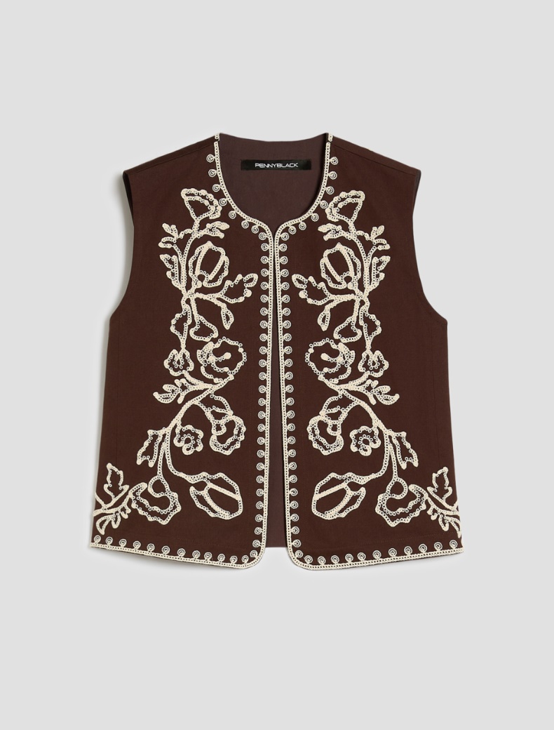 Gabardine vest with embroidery - DARK BOWN - pennyblack