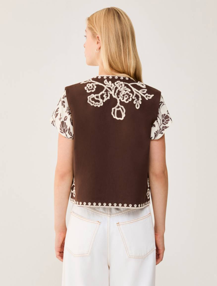 Gabardine vest with embroidery - DARK BOWN - Pennyblack - 3