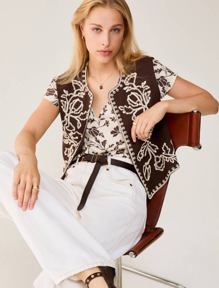 Gabardine vest with embroidery - DARK BOWN - Pennyblack - 5