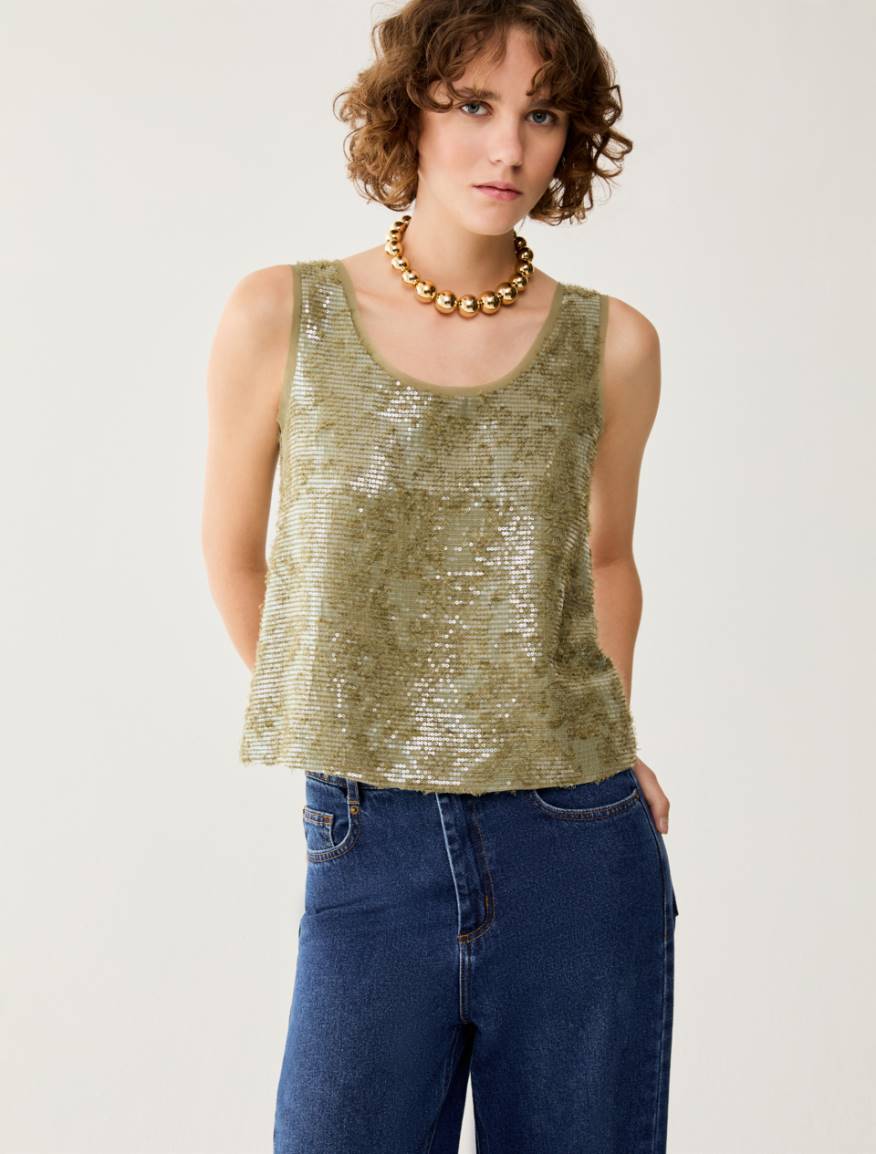Fil coupé top with sequins - GREEN - Pennyblack