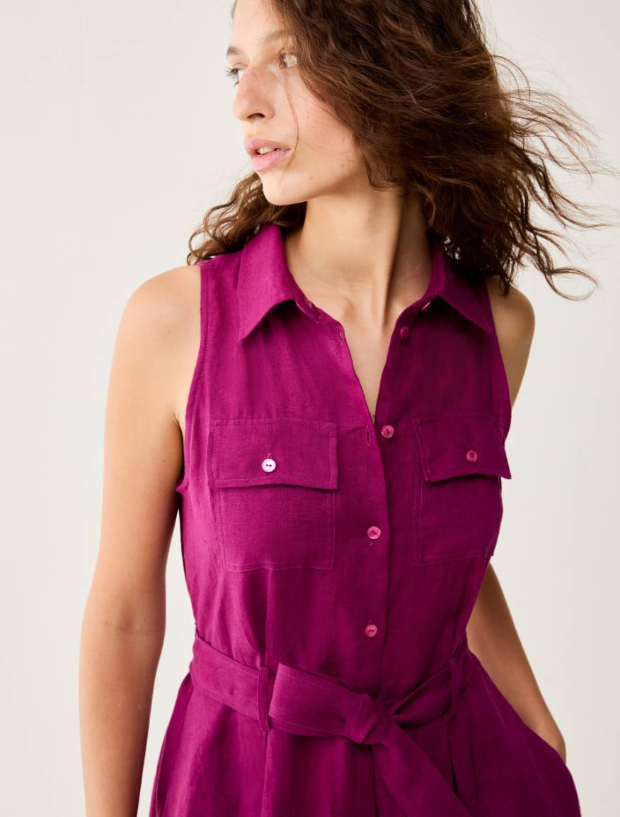 Long pure linen shirt dress - MAGENTA - Pennyblack - 4