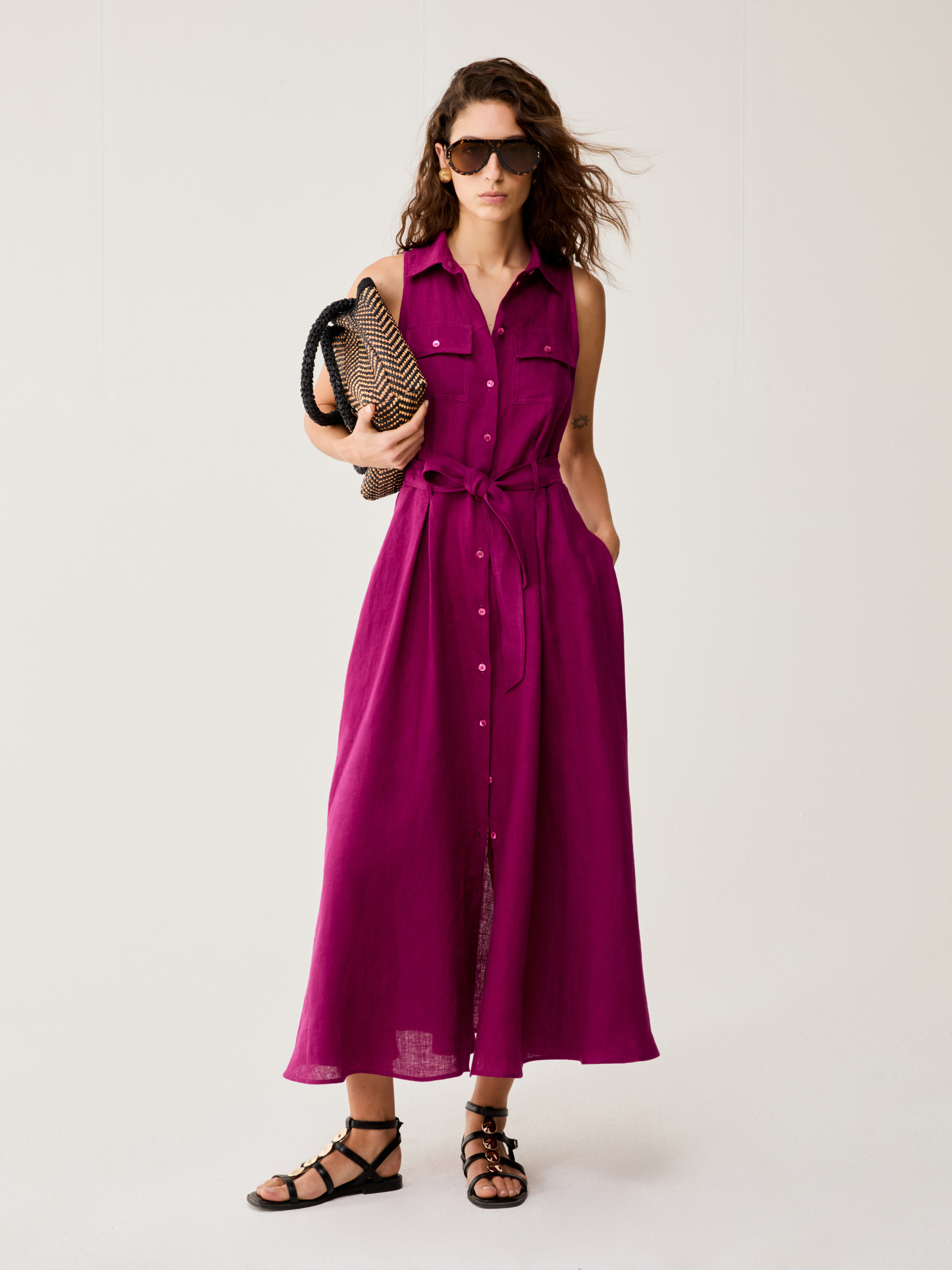 Long pure linen shirt dress - MAGENTA - pennyblack