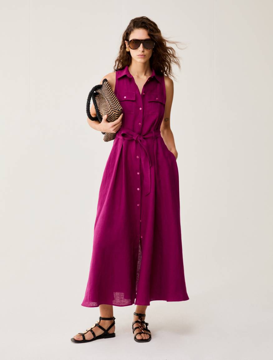 Long pure linen shirt dress - MAGENTA - Pennyblack - 5