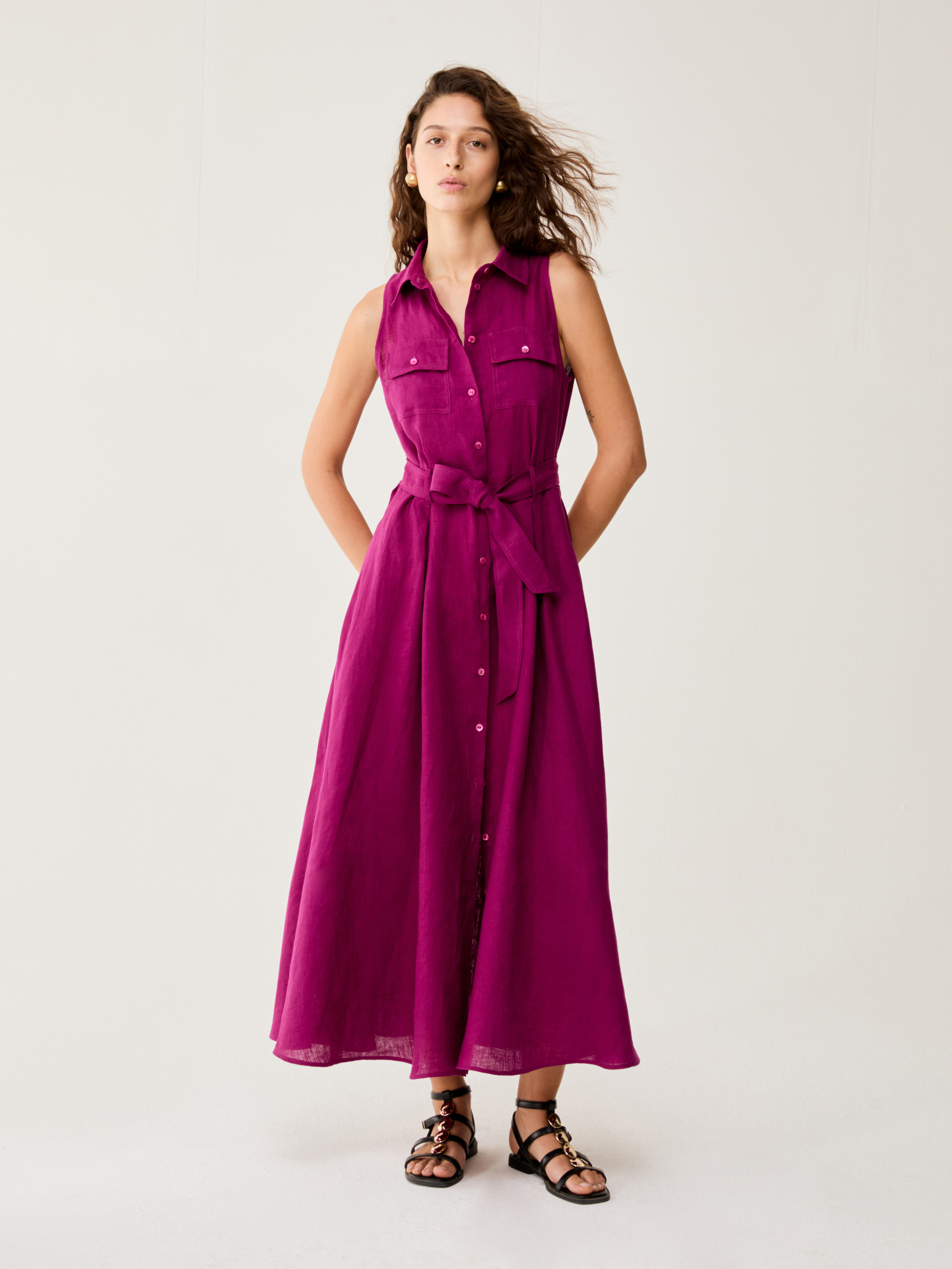 Long pure linen shirt dress - MAGENTA - pennyblack