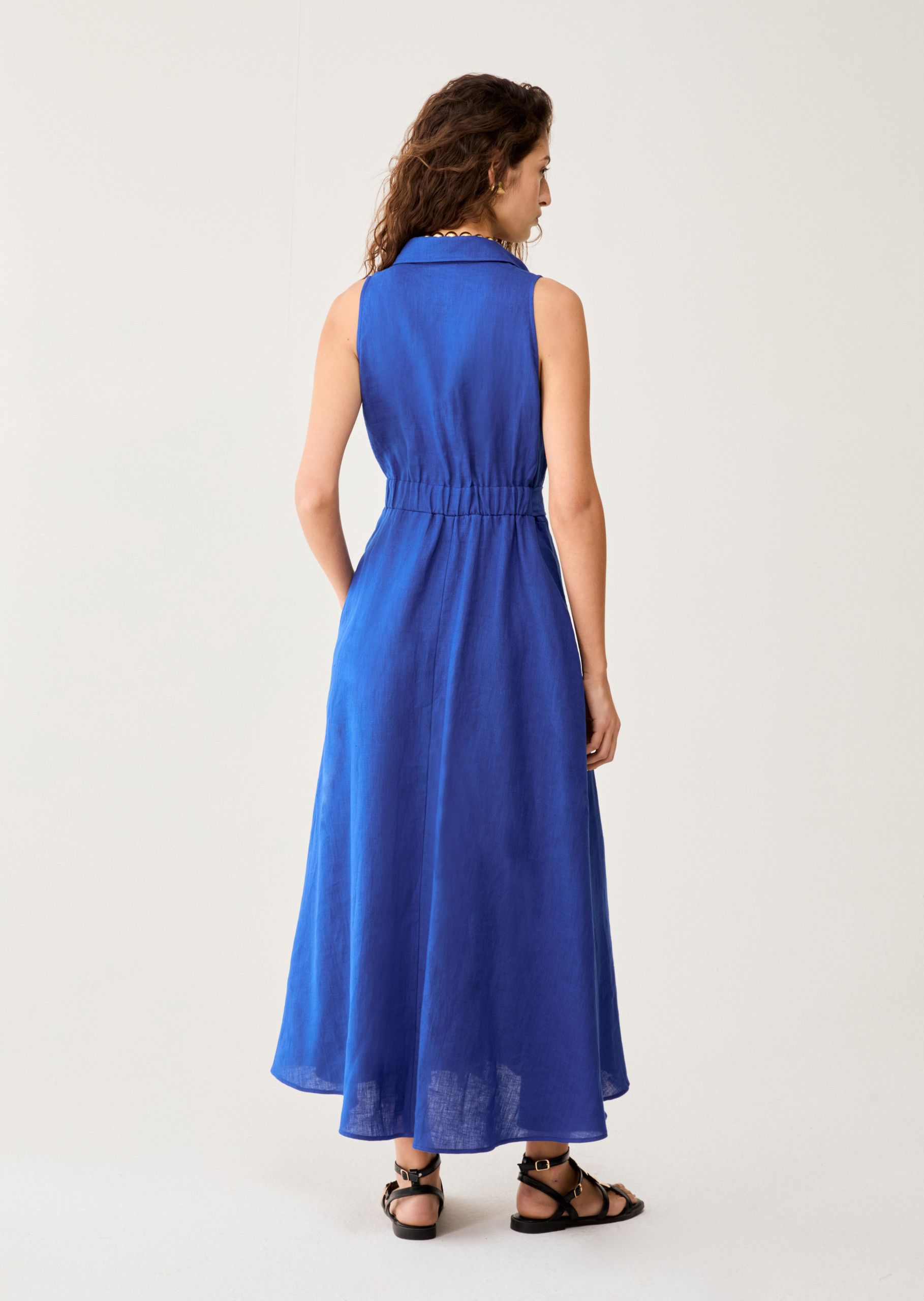 Long pure linen shirt dress - ELECTRIC BLUE - pennyblack