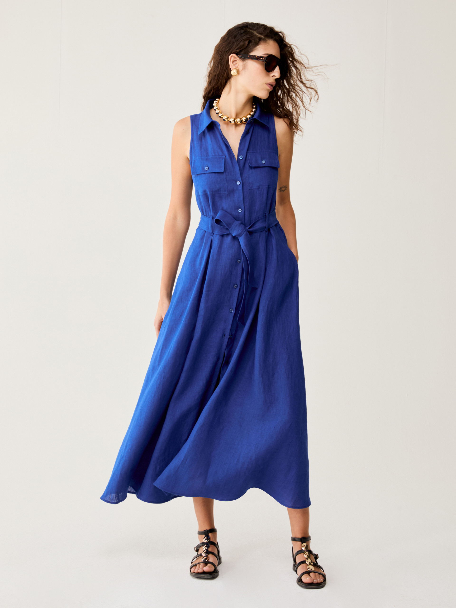 Long pure linen shirt dress - ELECTRIC BLUE - pennyblack