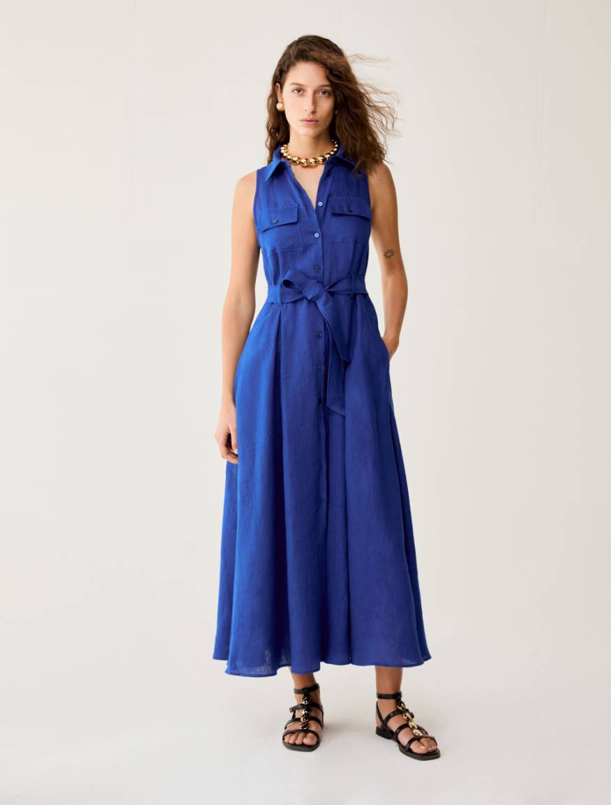 Long pure linen shirt dress - ELECTRIC BLUE - Pennyblack