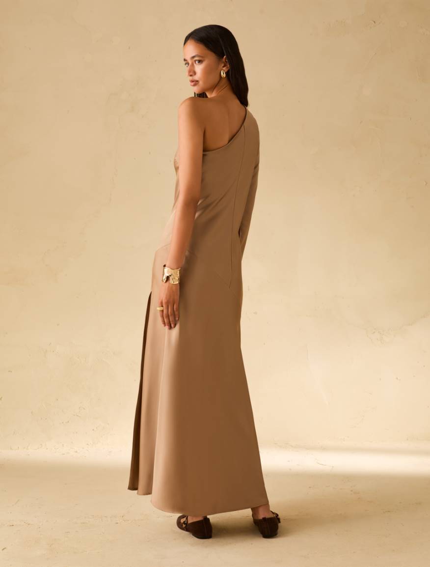 One-shoulder dress in double satin - SAND - Pennyblack - 3