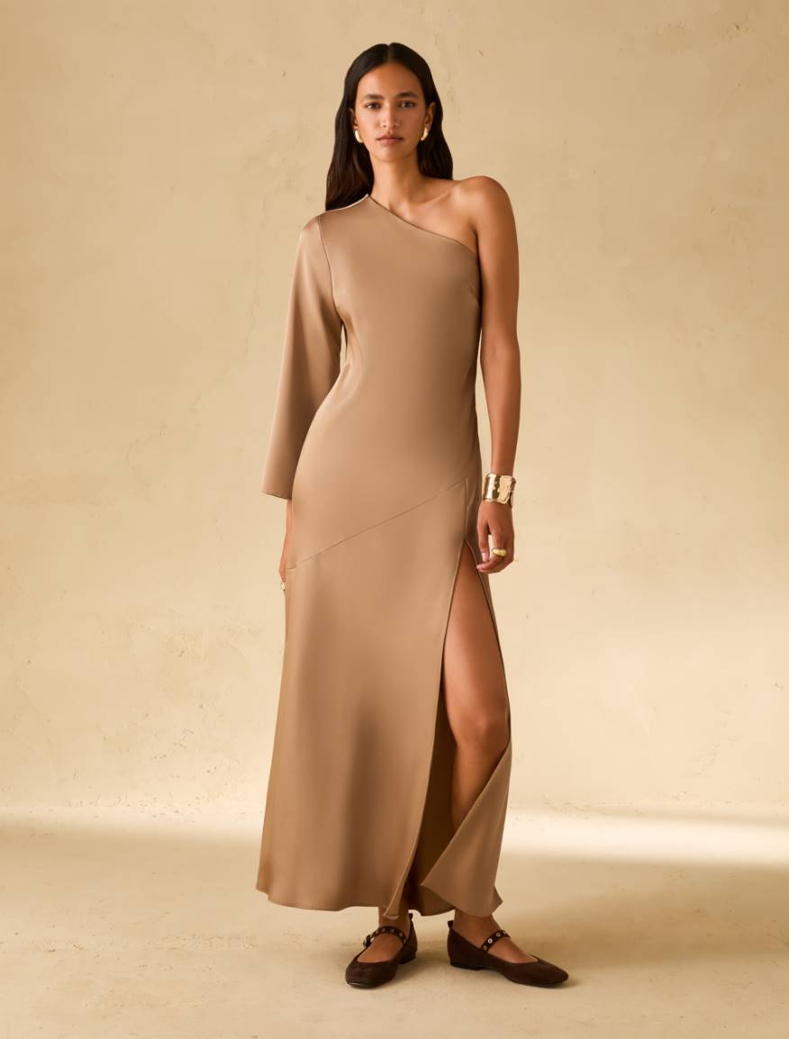 One-shoulder dress in double satin - SAND - Pennyblack