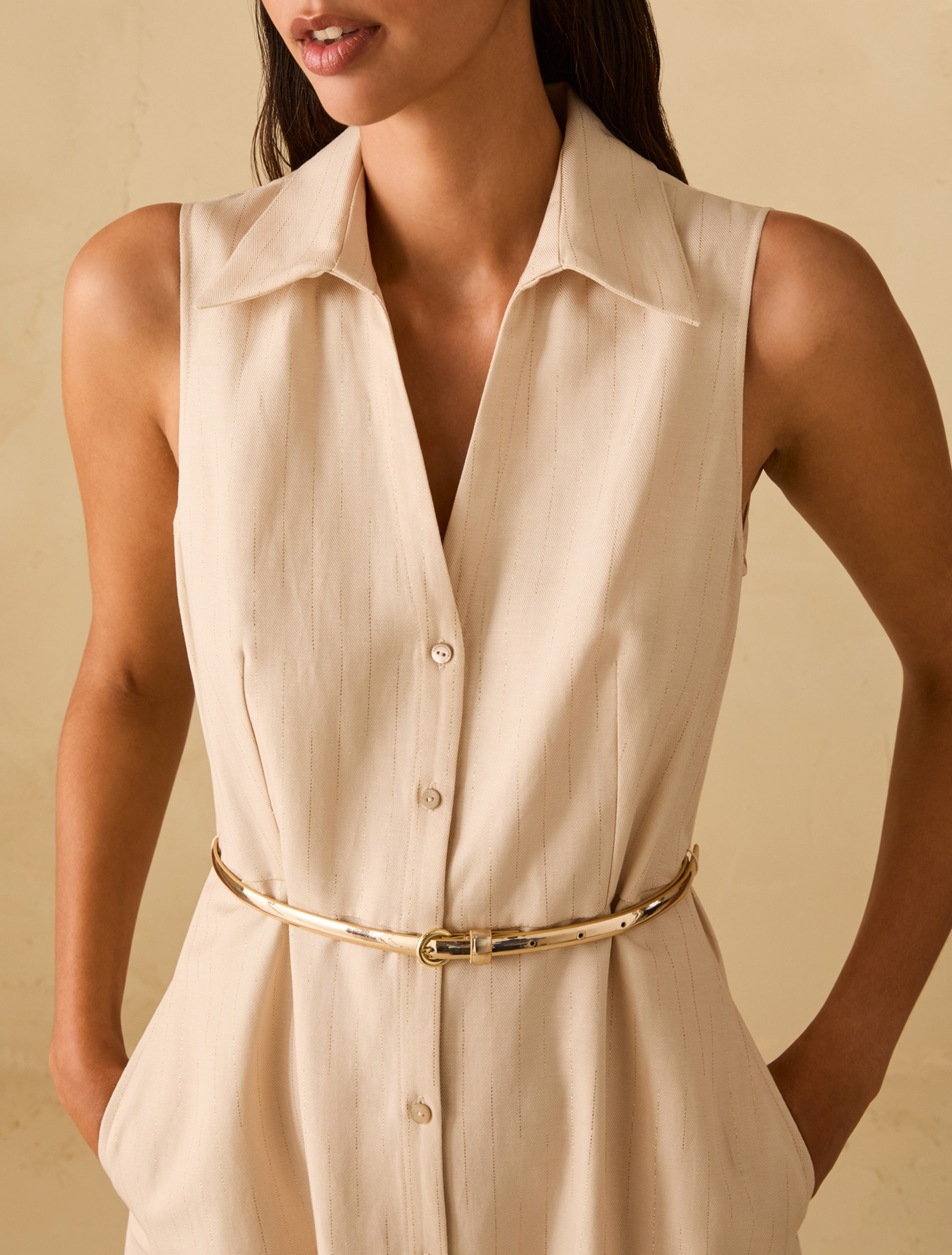 Lamé pinstriped shirt dress - BEIGE - pennyblack