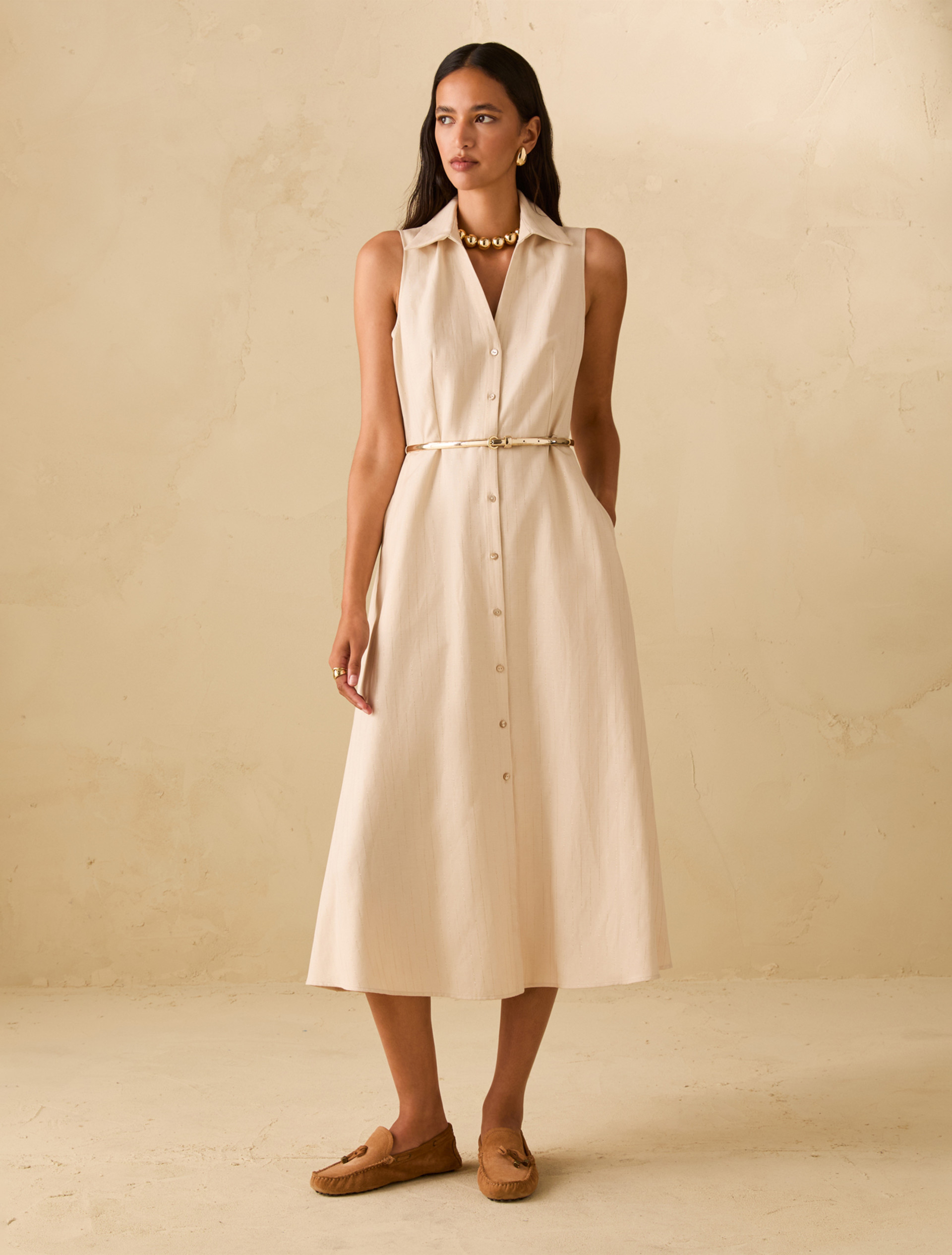 Lamé pinstriped shirt dress - BEIGE - pennyblack