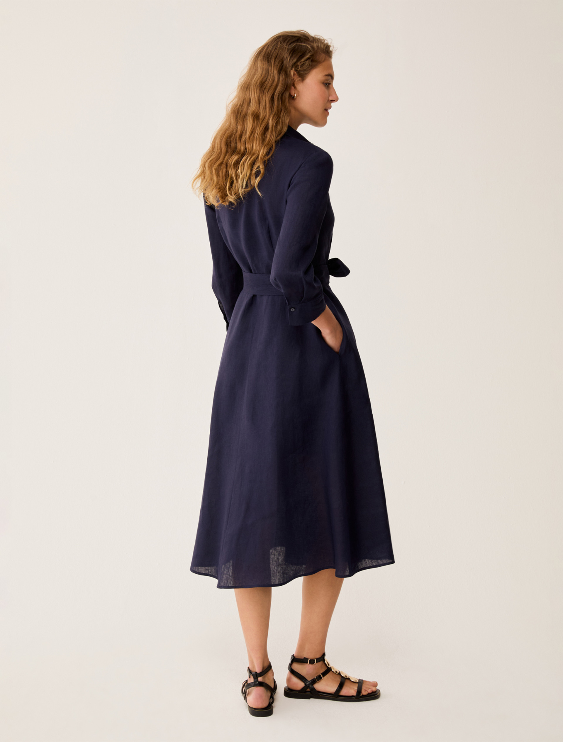 Pure linen midi shirt dress - NAVY - pennyblack