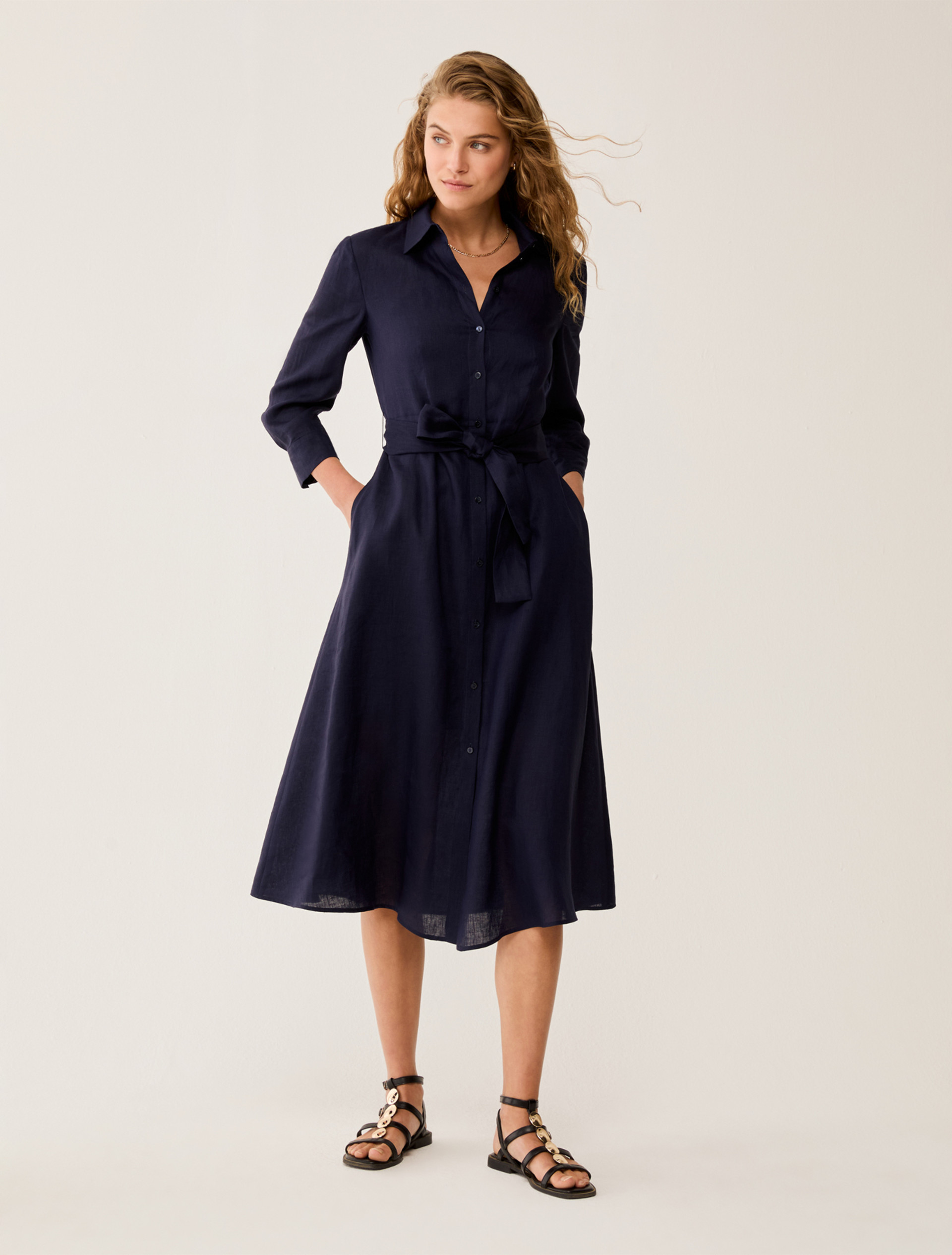 Pure linen midi shirt dress - NAVY - pennyblack