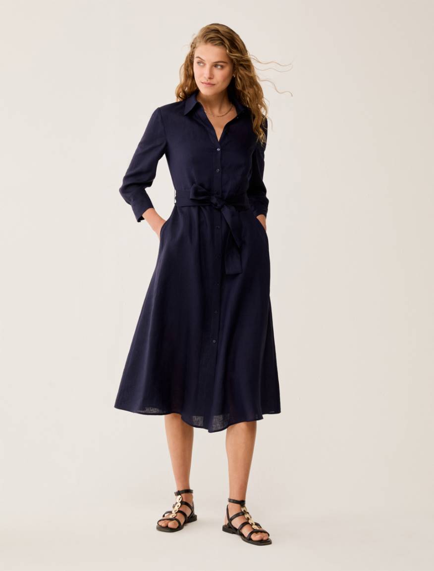 Pure linen midi shirt dress - NAVY - Pennyblack