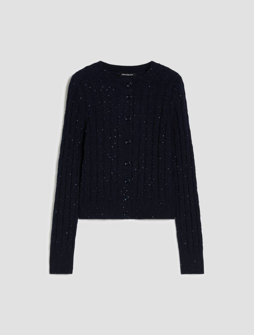 Cable-knit cardigan with rhinestone detail - NAVY - Pennyblack - 2