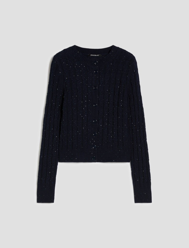 Cable-knit cardigan with rhinestone detail - NAVY - pennyblack