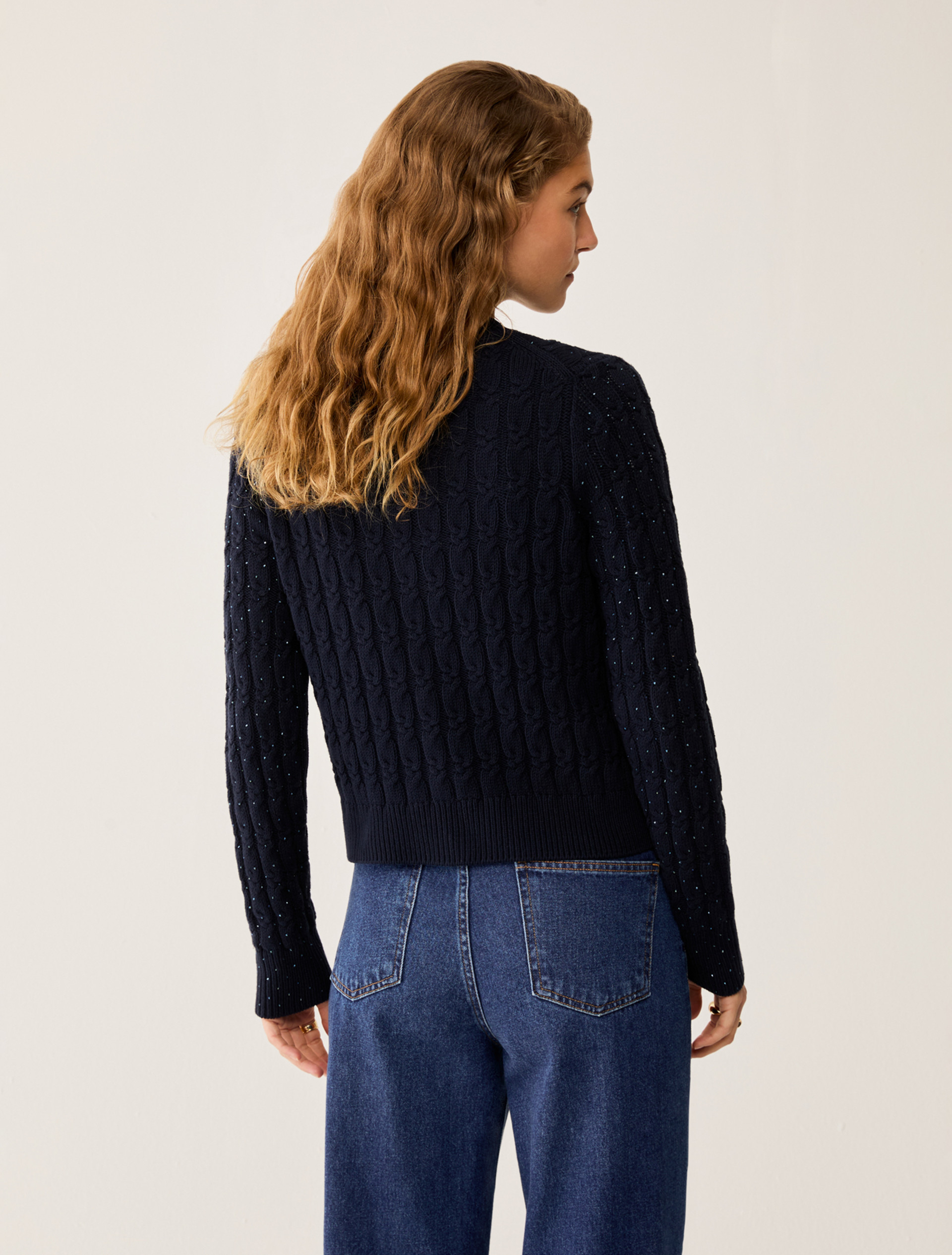 Cable-knit cardigan with rhinestone detail - NAVY - pennyblack