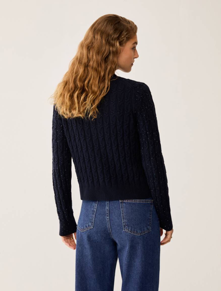 Cable-knit cardigan with rhinestone detail - NAVY - Pennyblack - 3