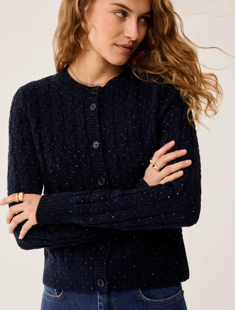 Cable-knit cardigan with rhinestone detail - NAVY - pennyblack