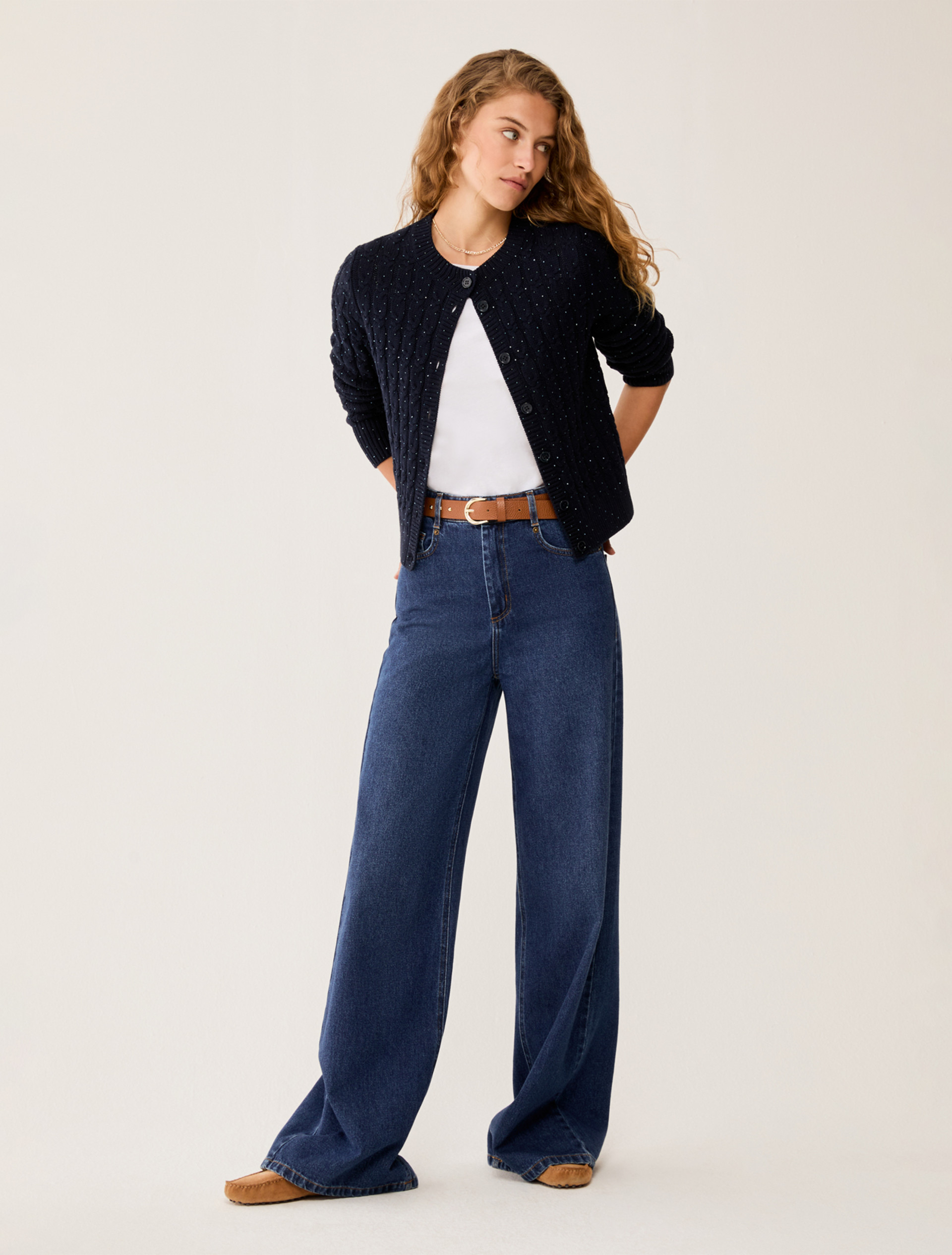 Cable-knit cardigan with rhinestone detail - NAVY - pennyblack