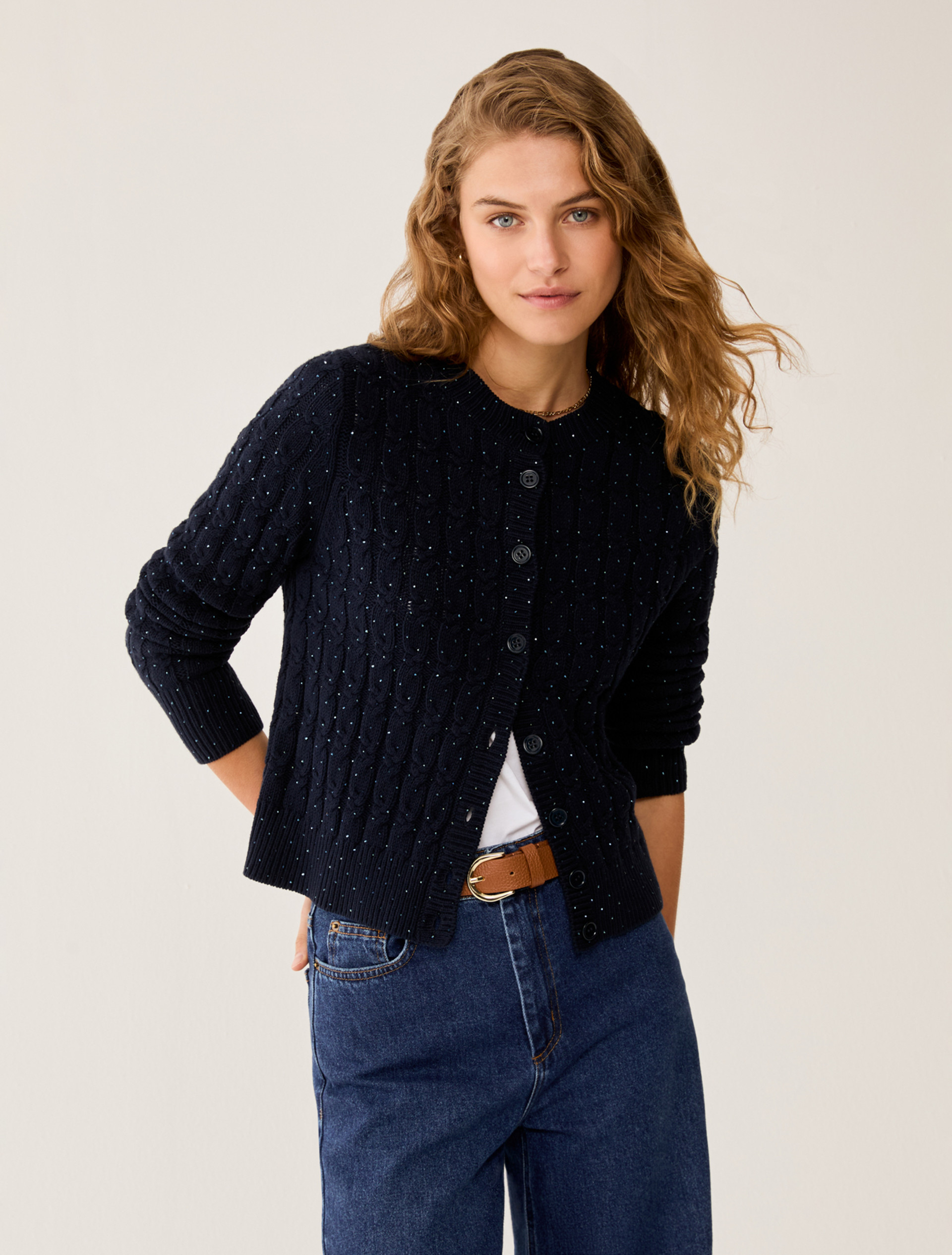 Cable-knit cardigan with rhinestone detail - NAVY - pennyblack