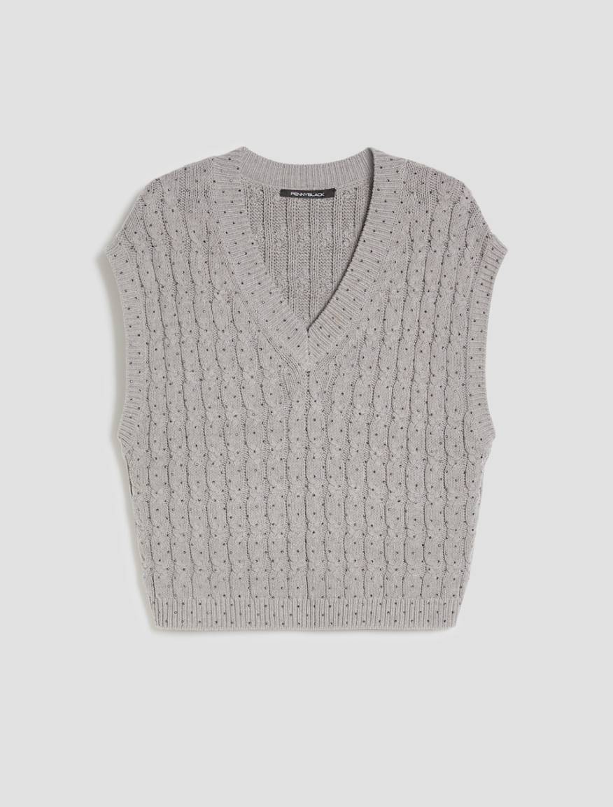 Cable-knit gilet with micro-rhinestone detail - GREY - Pennyblack - 2