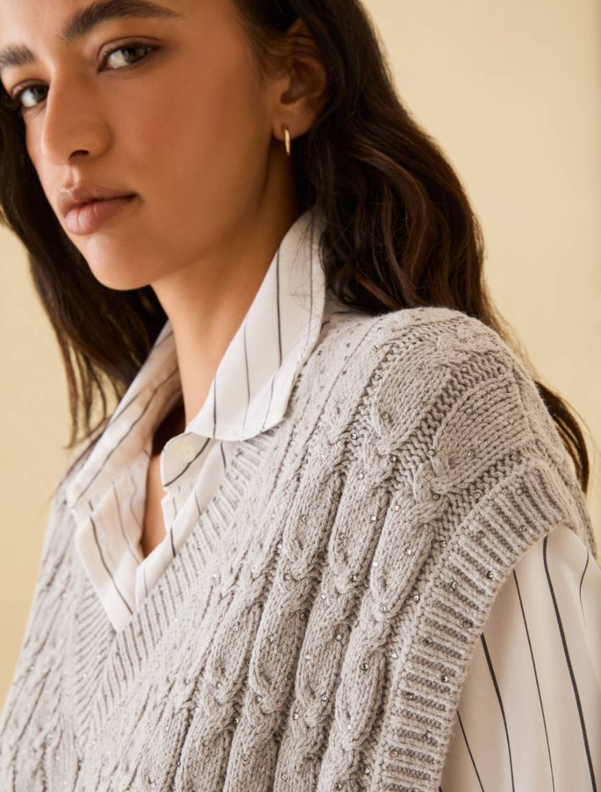 Cable-knit gilet with micro-rhinestone detail - GREY - Pennyblack - 4