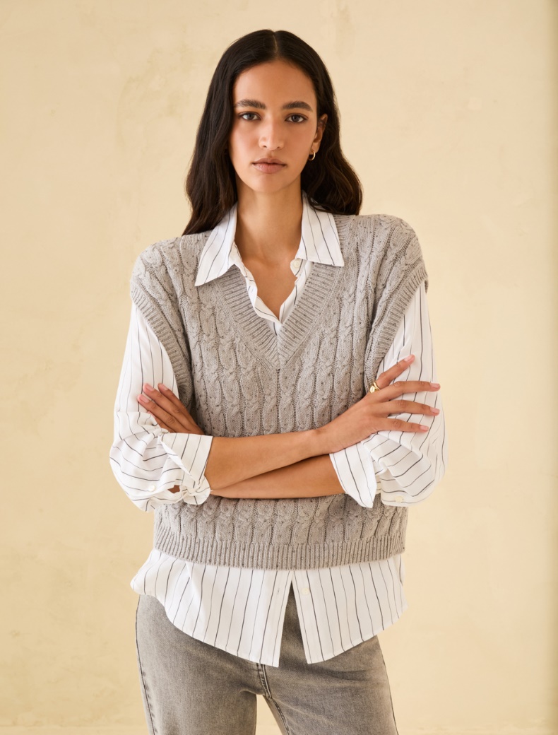 Cable-knit gilet with micro-rhinestone detail - GREY - pennyblack