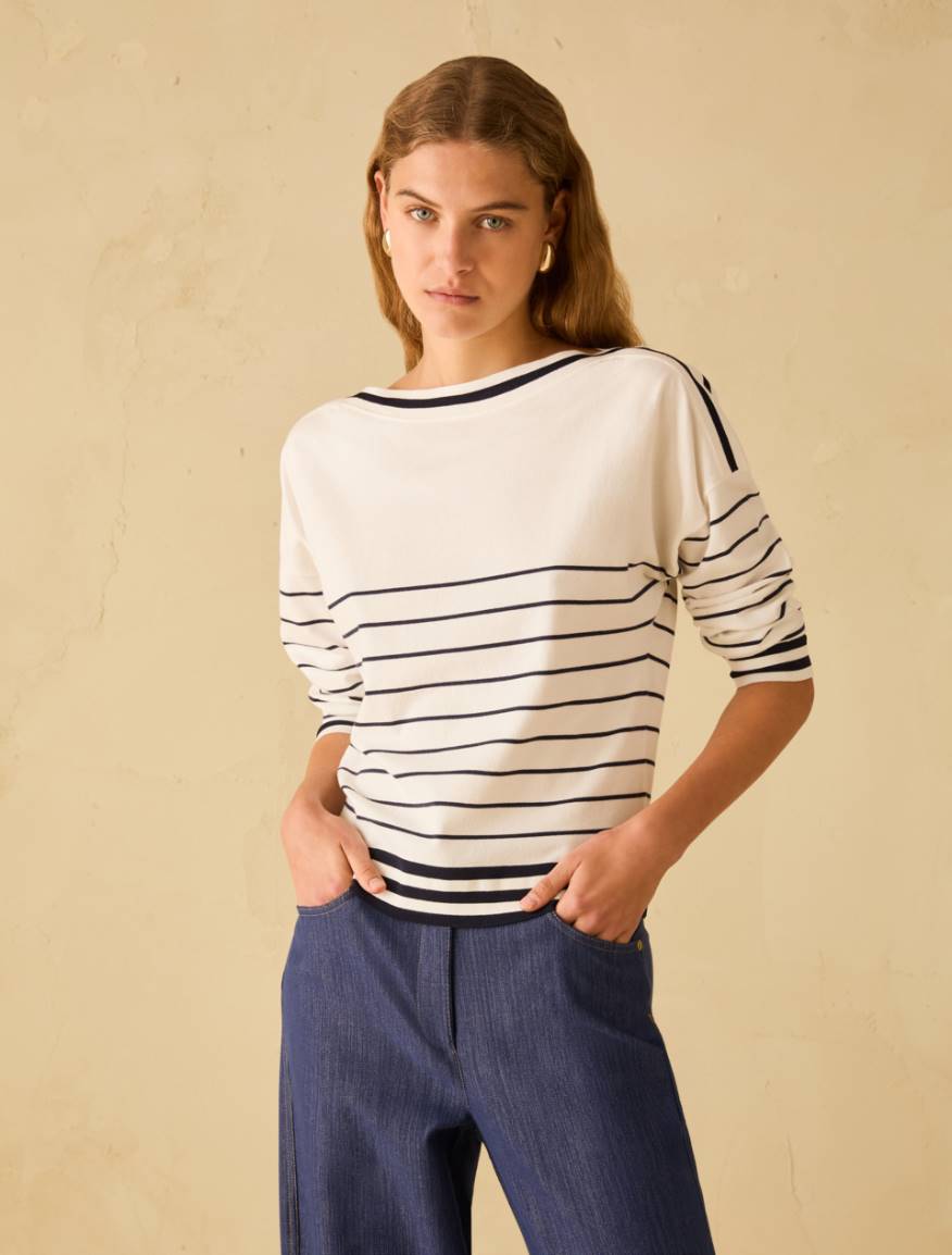Stretch knit sailor-stripe sweater - IVORY - Pennyblack