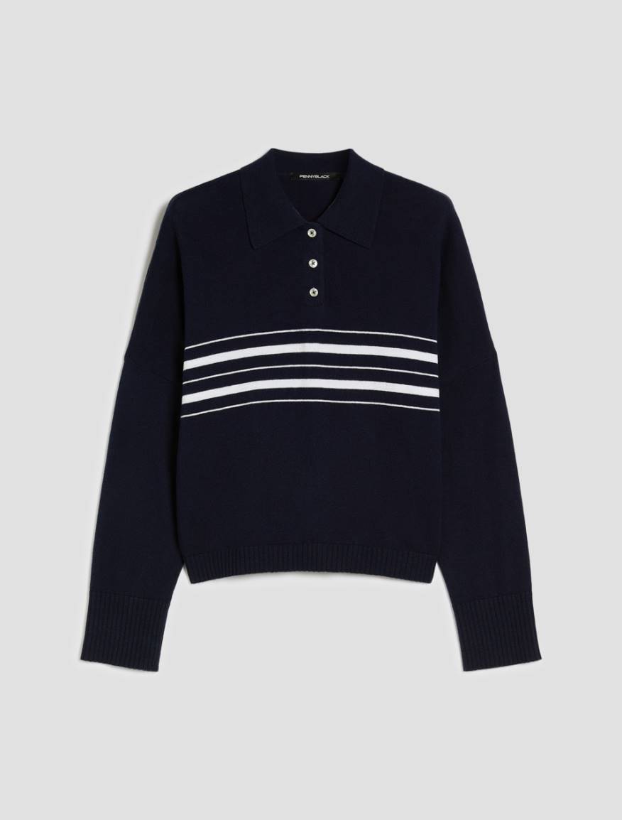 Cotton and cashmere polo shirt - NAVY - Pennyblack - 2