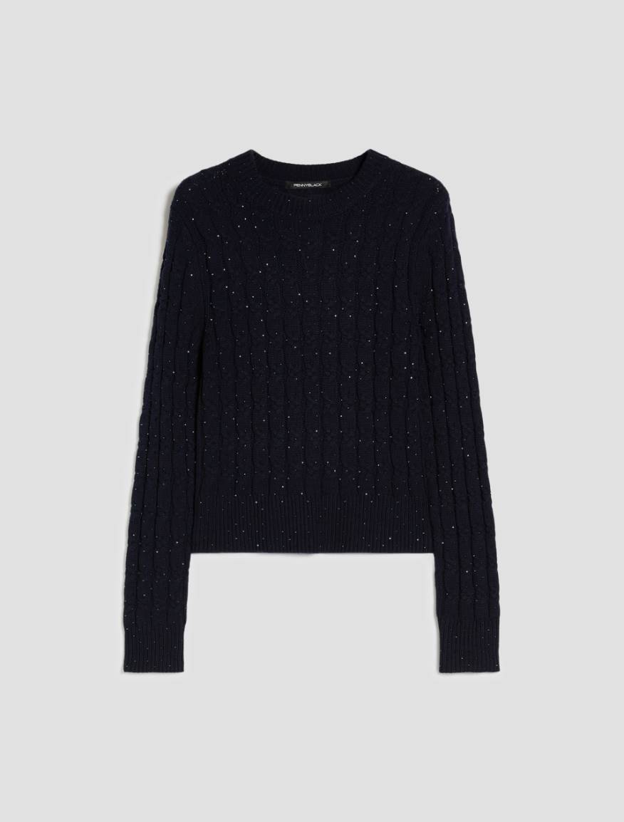 Cable-knit sweater with micro-rhinestone detail - NAVY - Pennyblack - 2