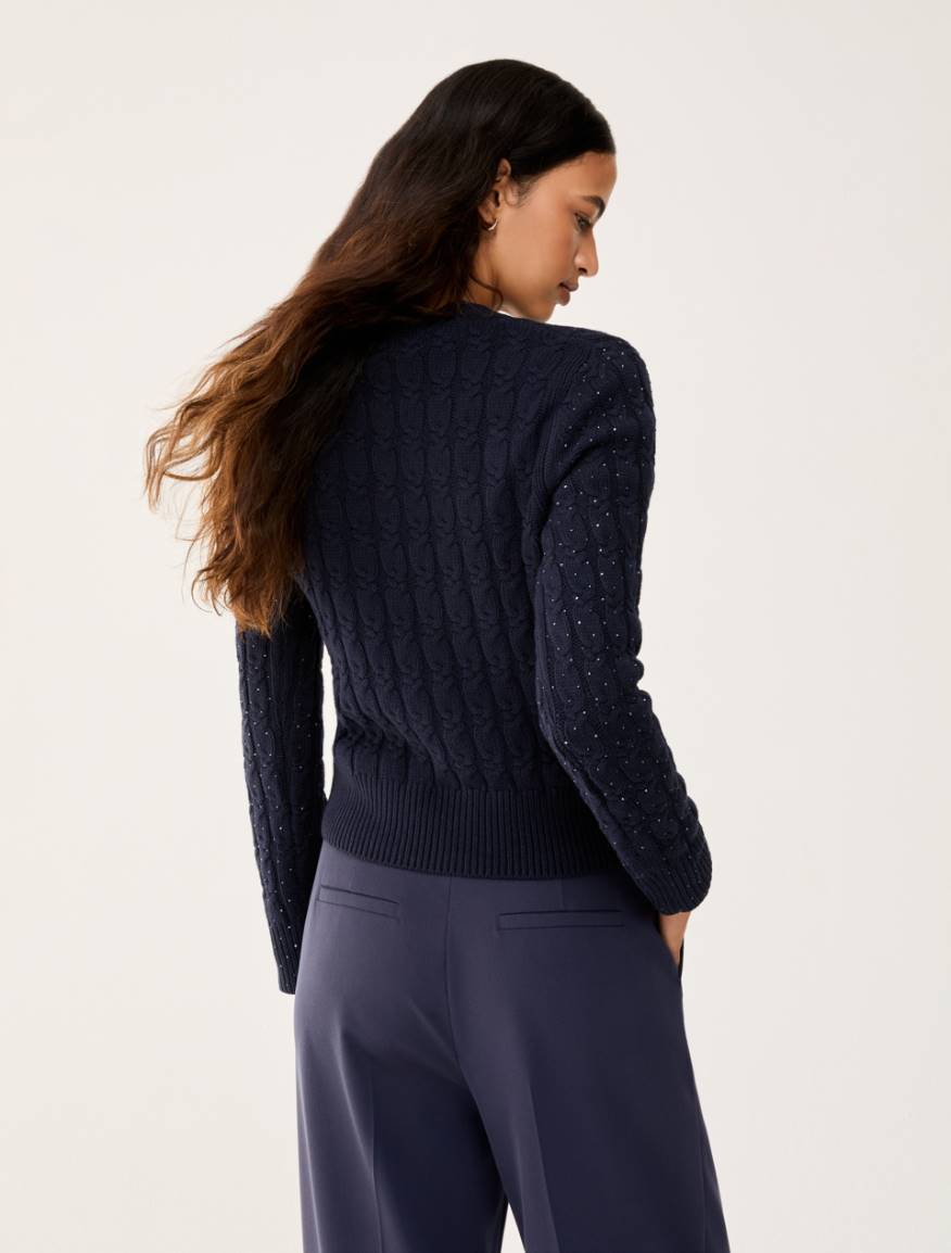 Cable-knit sweater with micro-rhinestone detail - NAVY - Pennyblack - 3